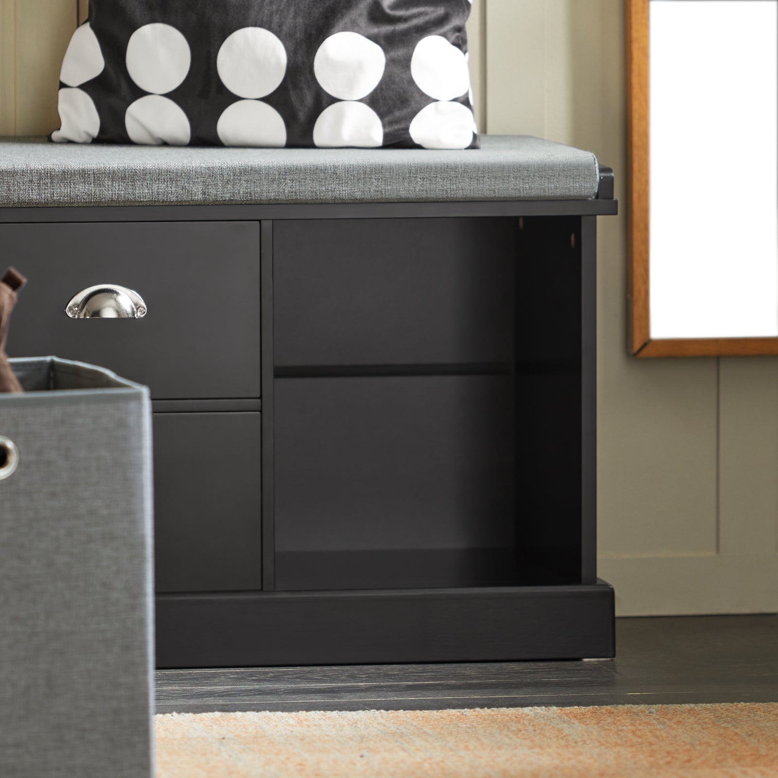 SoBuy FSR66-SCH,2 Baskets 2 Drawers Hallway Bedroom Storage Bench,Shoe Bench,Shoe Cabinet with Seat Cushion,Black