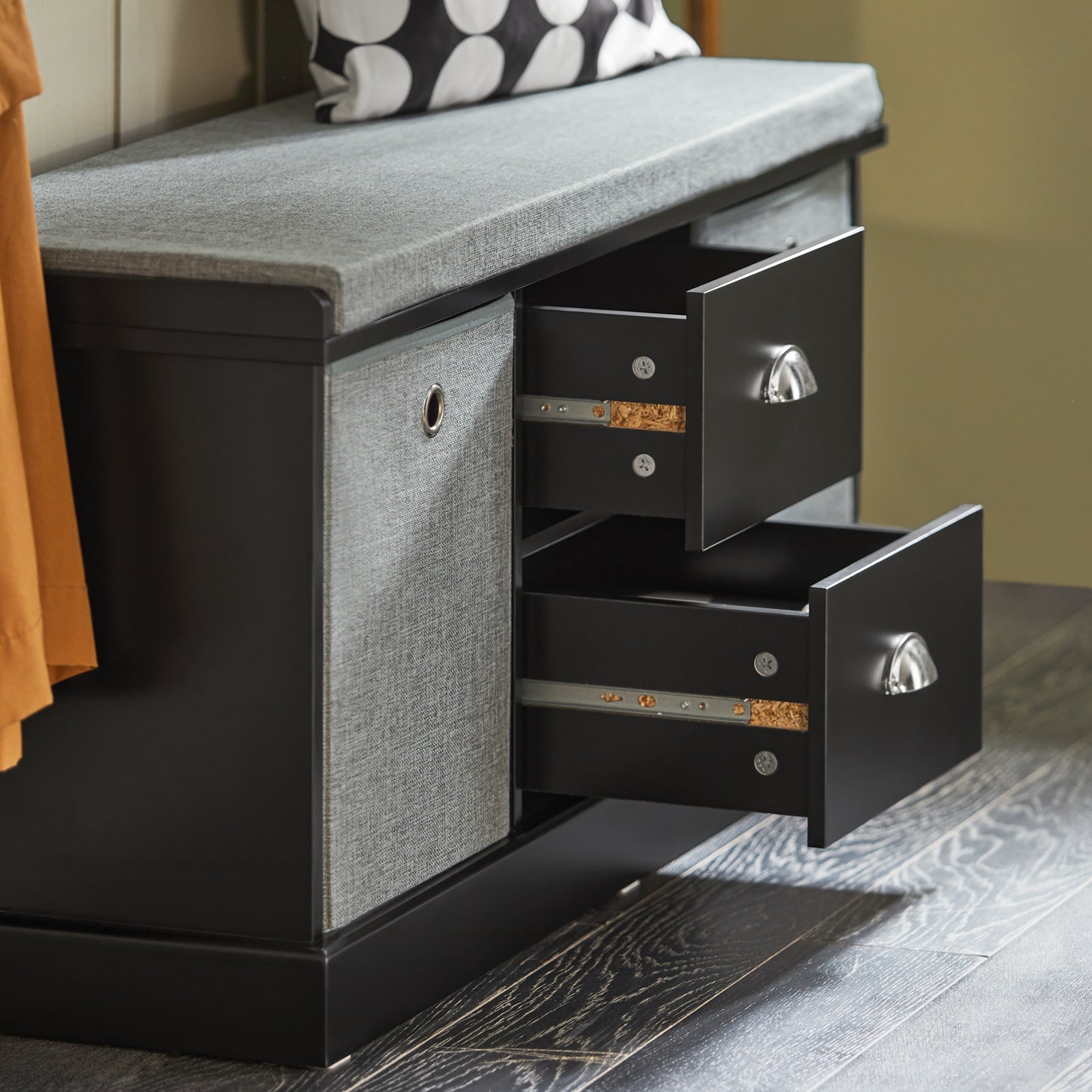 SoBuy FSR66-SCH,2 Baskets 2 Drawers Hallway Bedroom Storage Bench,Shoe Bench,Shoe Cabinet with Seat Cushion,Black