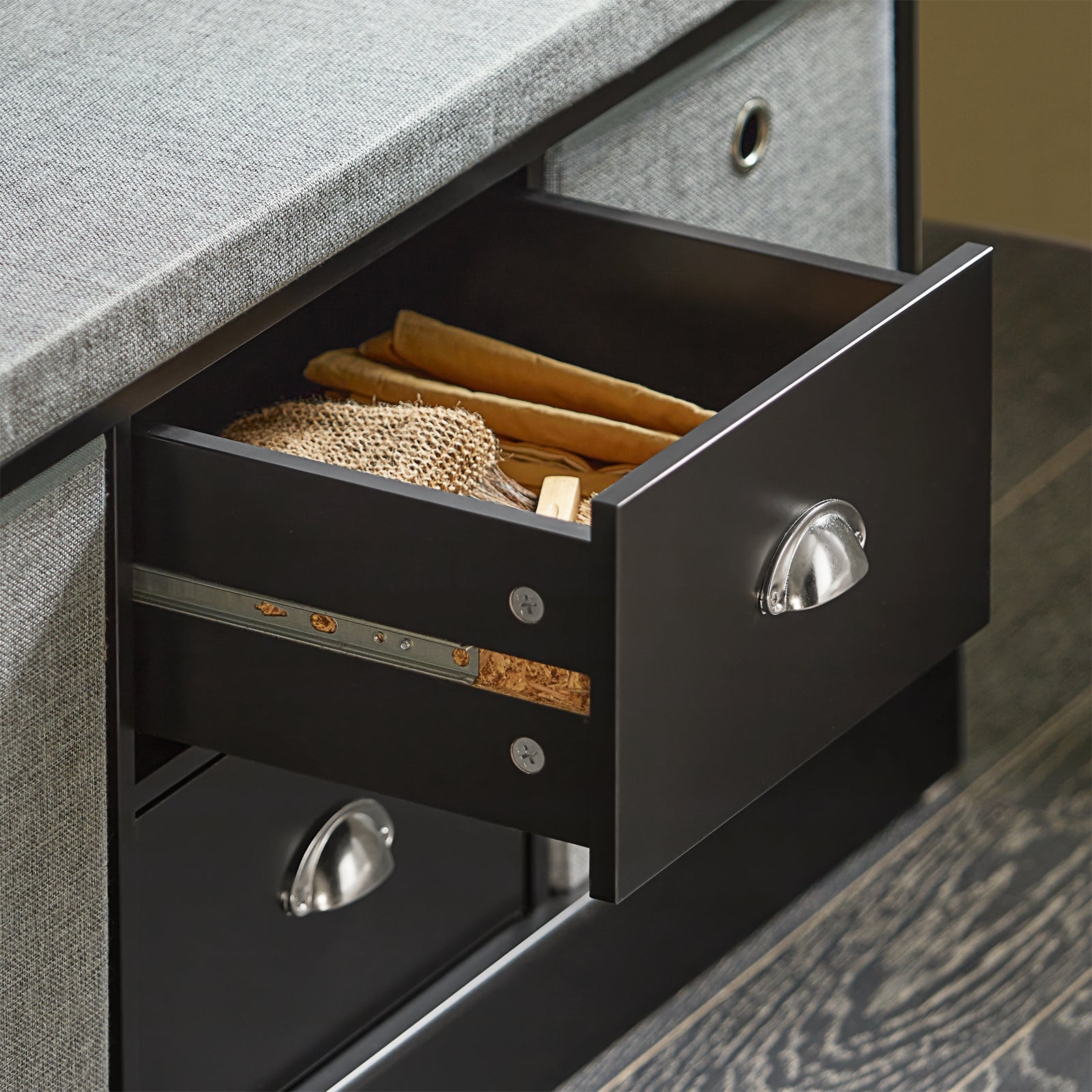 SoBuy FSR66-SCH,2 Baskets 2 Drawers Hallway Bedroom Storage Bench,Shoe Bench,Shoe Cabinet with Seat Cushion,Black