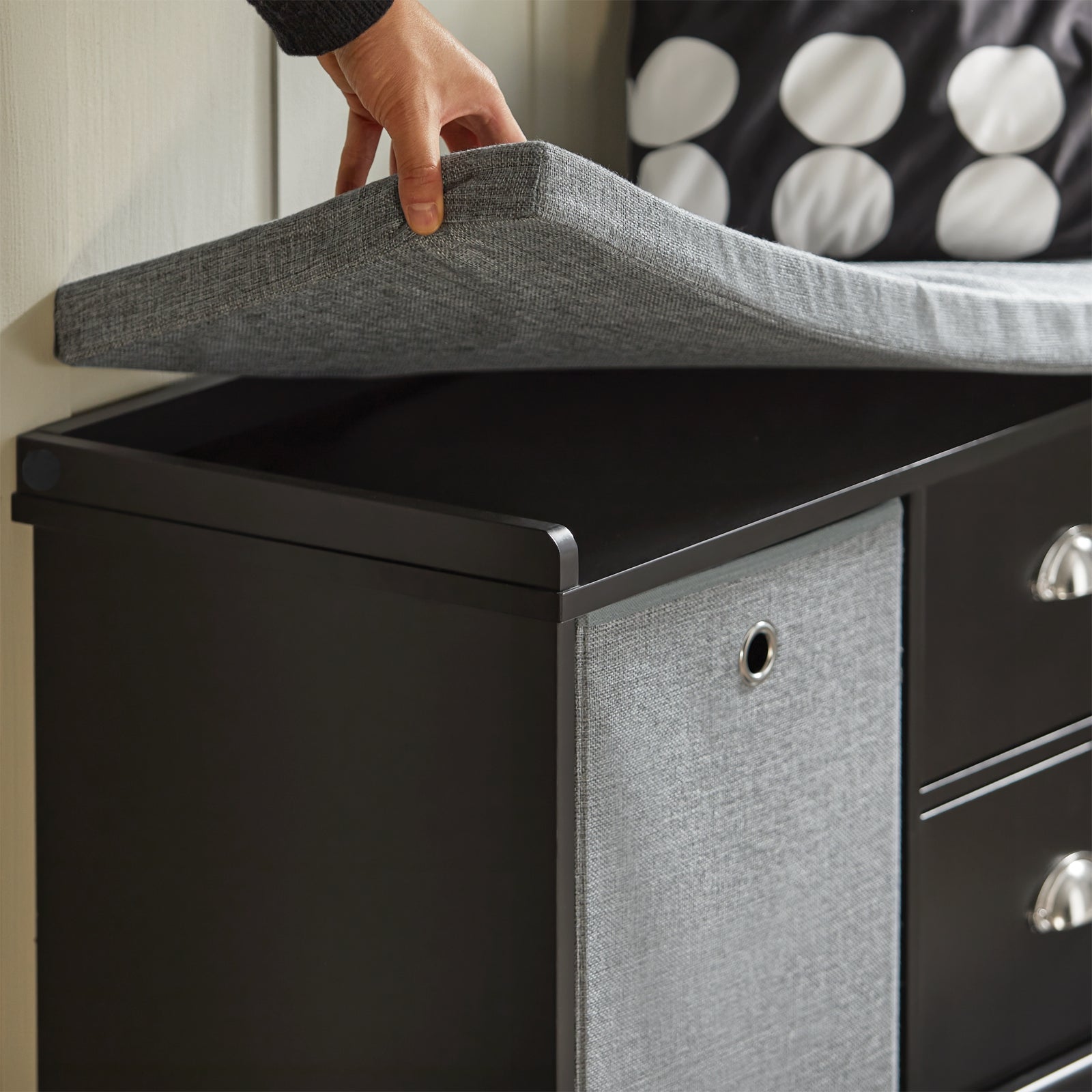 SoBuy FSR66-SCH,2 Baskets 2 Drawers Hallway Bedroom Storage Bench,Shoe Bench,Shoe Cabinet with Seat Cushion,Black