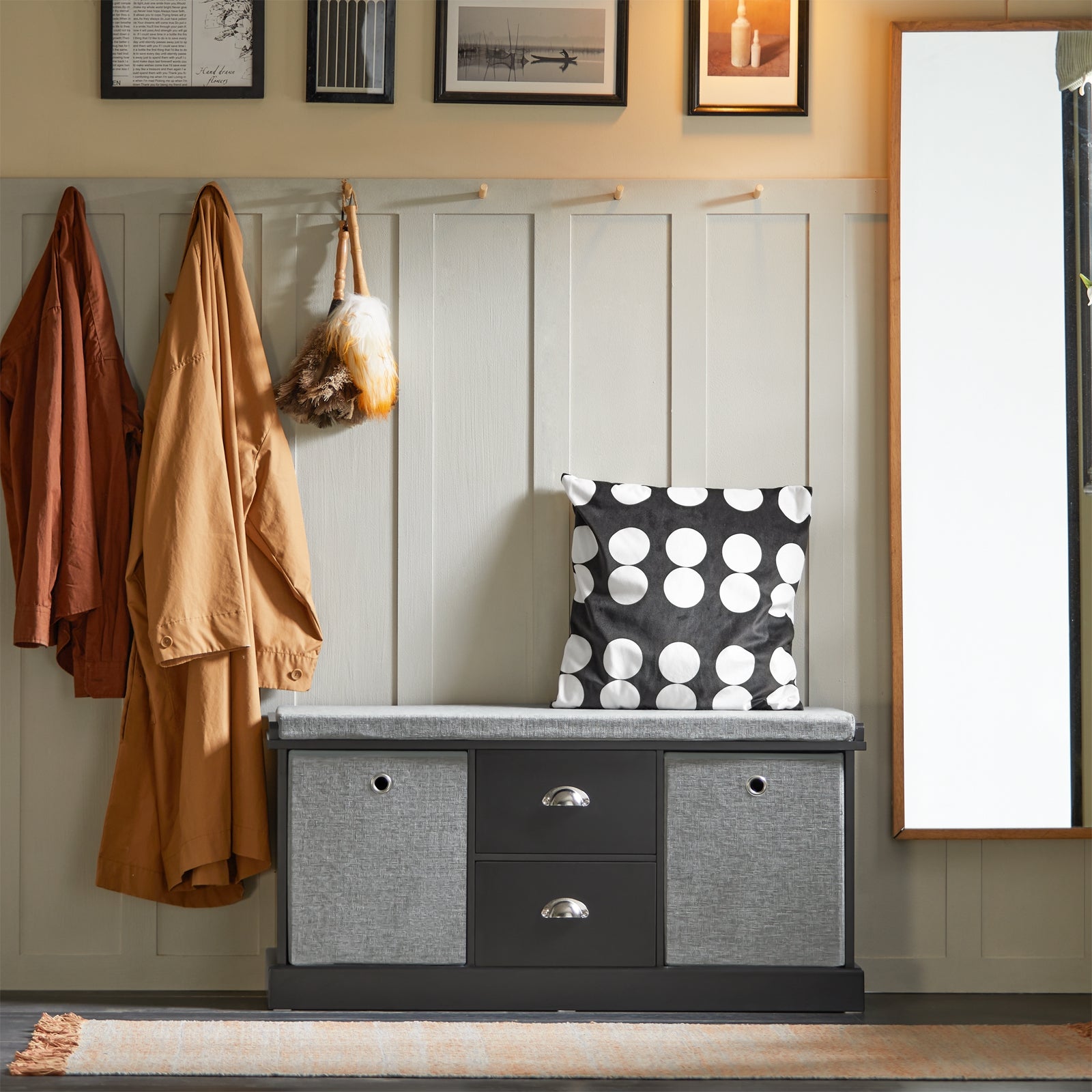 SoBuy FSR66-SCH,2 Baskets 2 Drawers Hallway Bedroom Storage Bench,Shoe Bench,Shoe Cabinet with Seat Cushion,Black