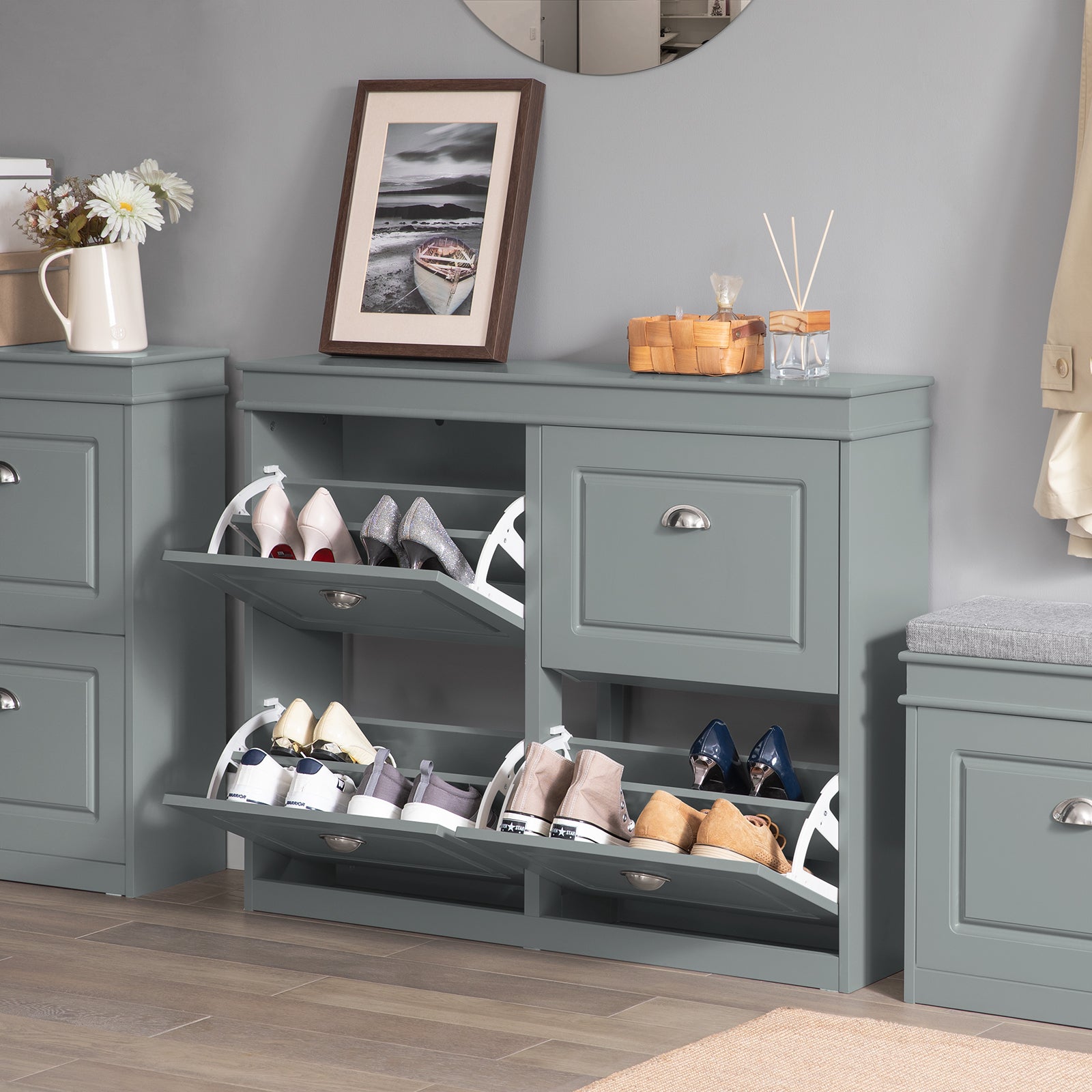 SoBuy FSR79-HG,4 Drawers Shoe Cabinet Shoe Rack Shoe Storage Cupboard Organizer Unit,Grey