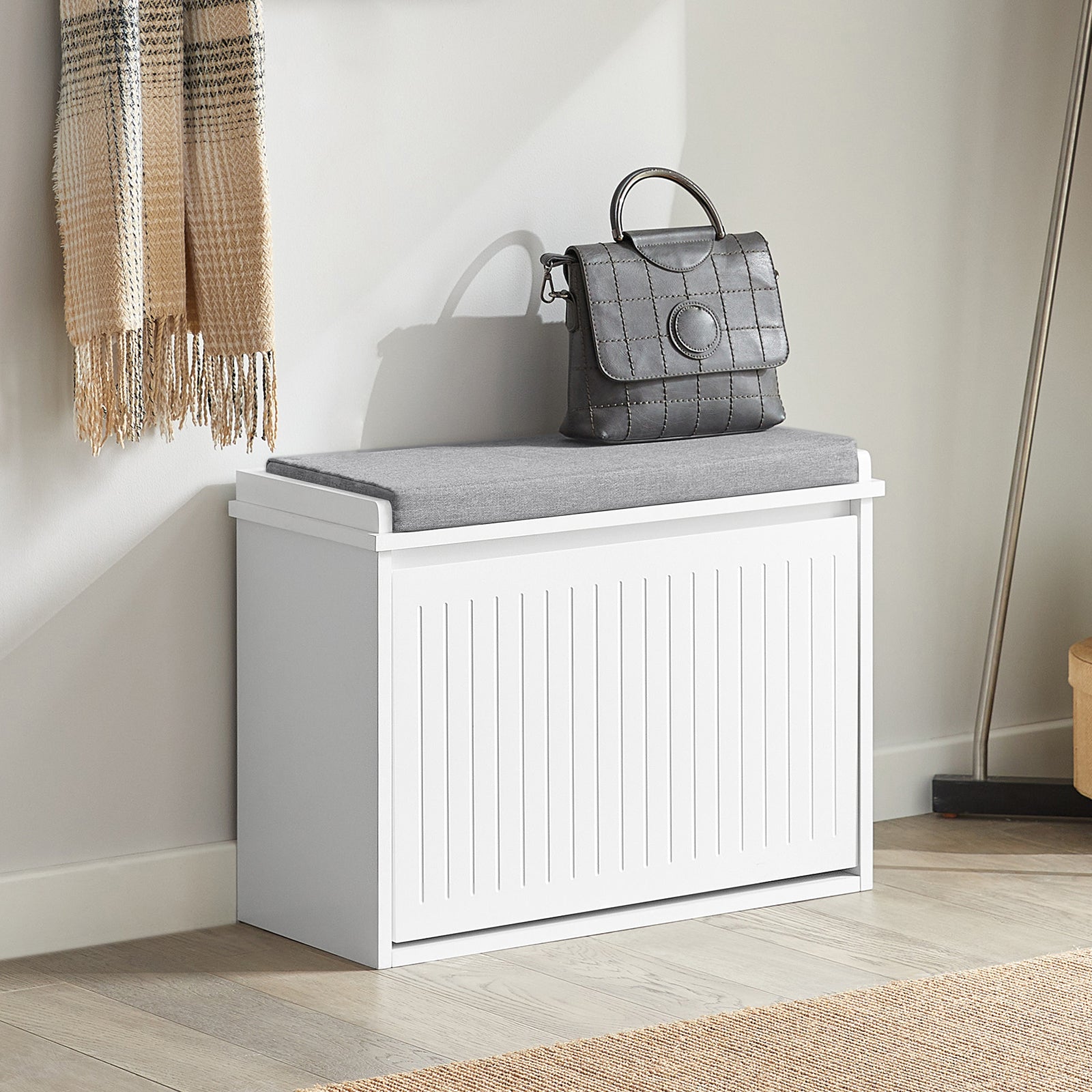 SoBuy FSR98-W, Hallway Shoe Bench Shoe Rack Shoe Cabinet with Seat Cushion and Flip-drawer