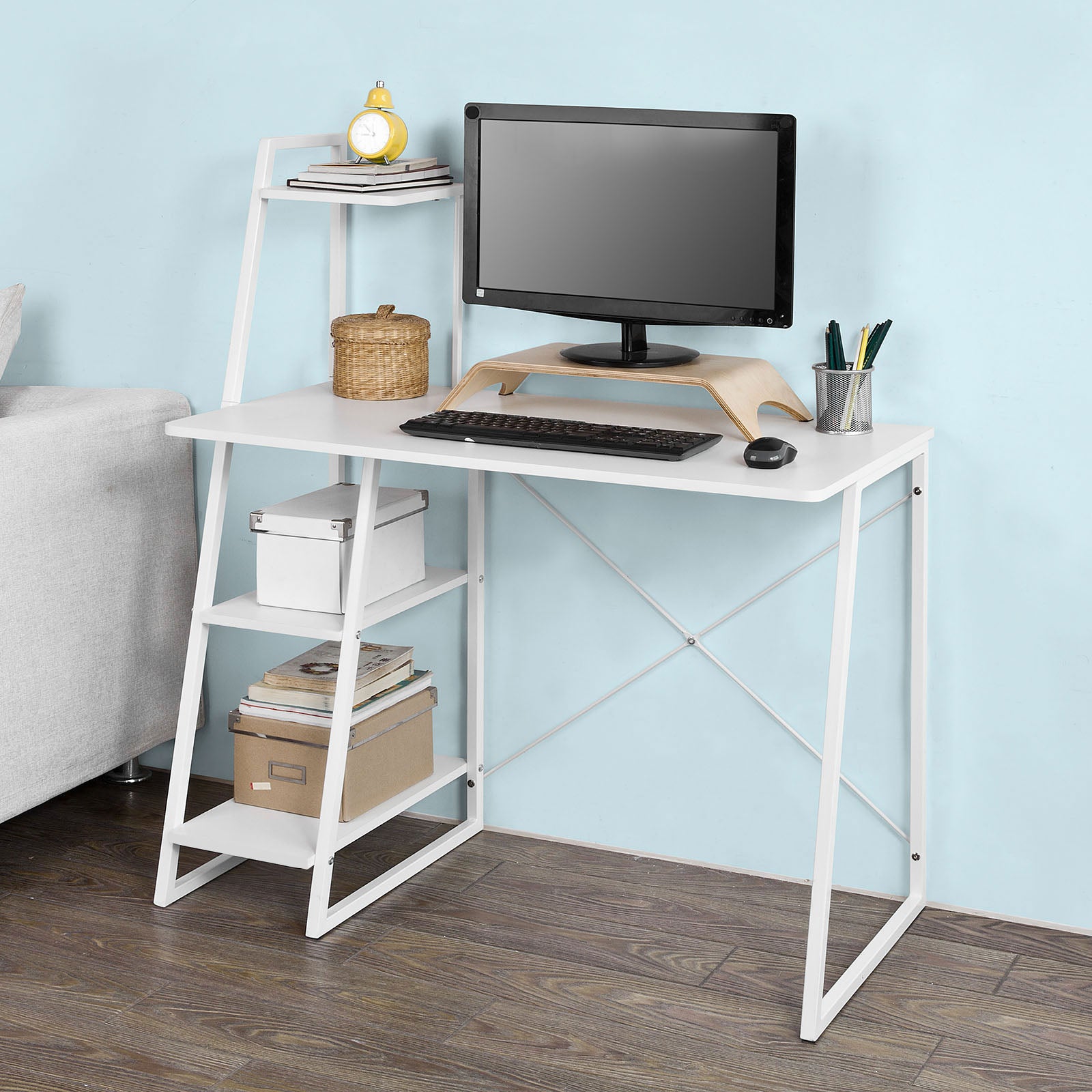 SoBuy Home White Office Wood Computer Table with Storage Rack,FWT29-W