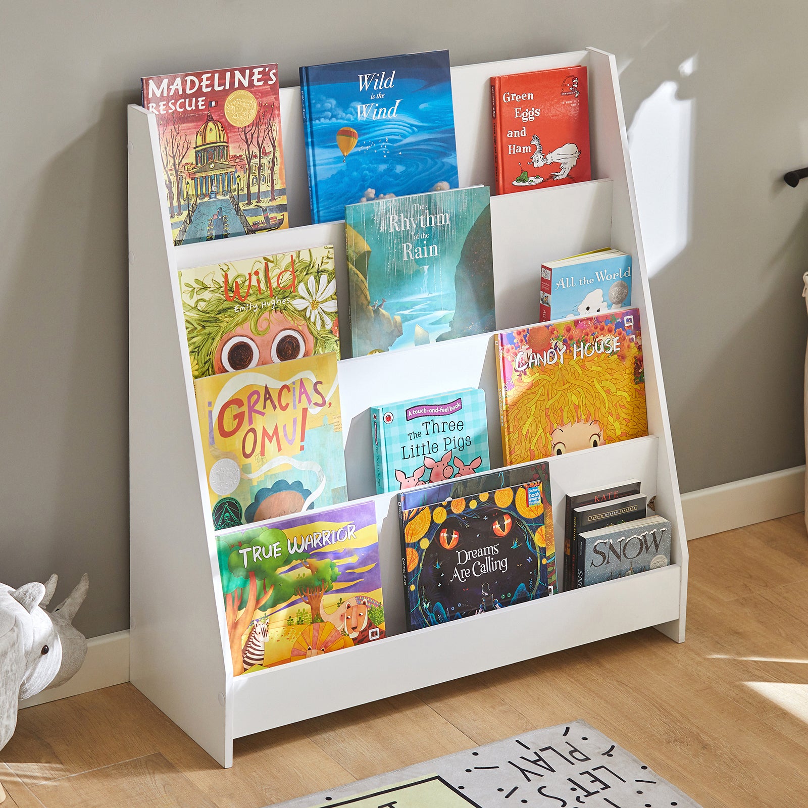 SoBuy Children's Bookcase Newspaper Rack with 4 Shelves Storage Shelf for Children KMB32-W