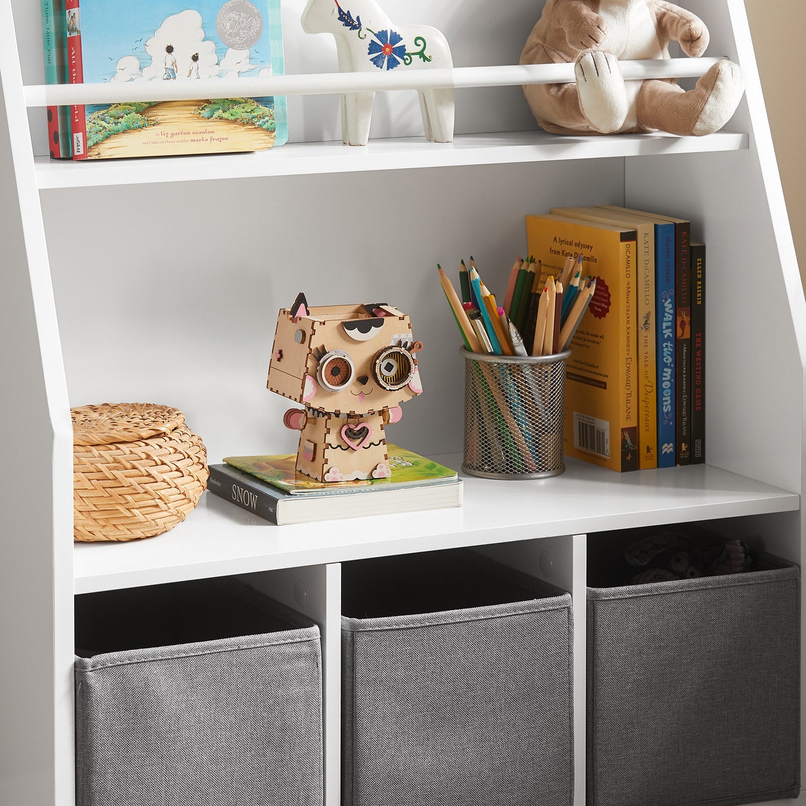SoBuy KMB34-W, Children Kids Bookcase Book Shelf Toy Shelf Storage Display Shelf Rack Organizer with 3 Fabric Drawers