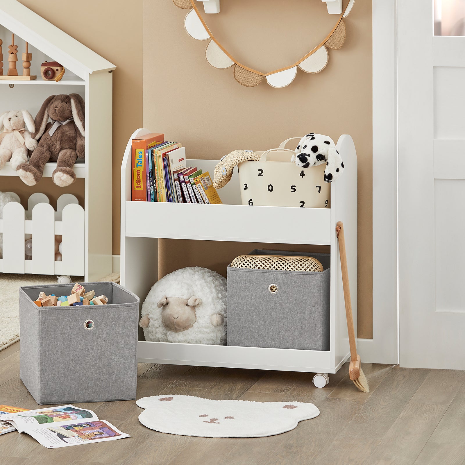 SoBuy KMB53-W, Children Kids Bookcase Book Shelf Storage Display Rack Organizer Holder with Fabric Drawers
