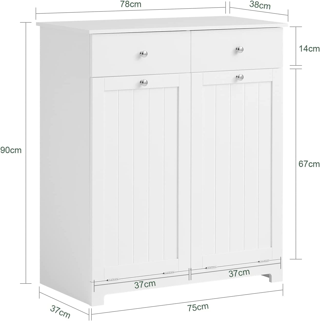 SoBuy BZR33-W, 2 Drawers 2 Doors Laundry Cabinet Laundry Chest with 2 Removable Laundry Baskets, Bathroom Cabinet