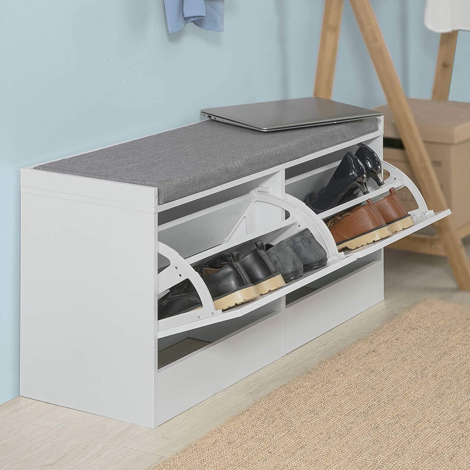 SoBuy FSR62-W Storage Bench with Drawers & Padded Seat Cushion Hallway Bench Shoe Cabinet Shoe Bench