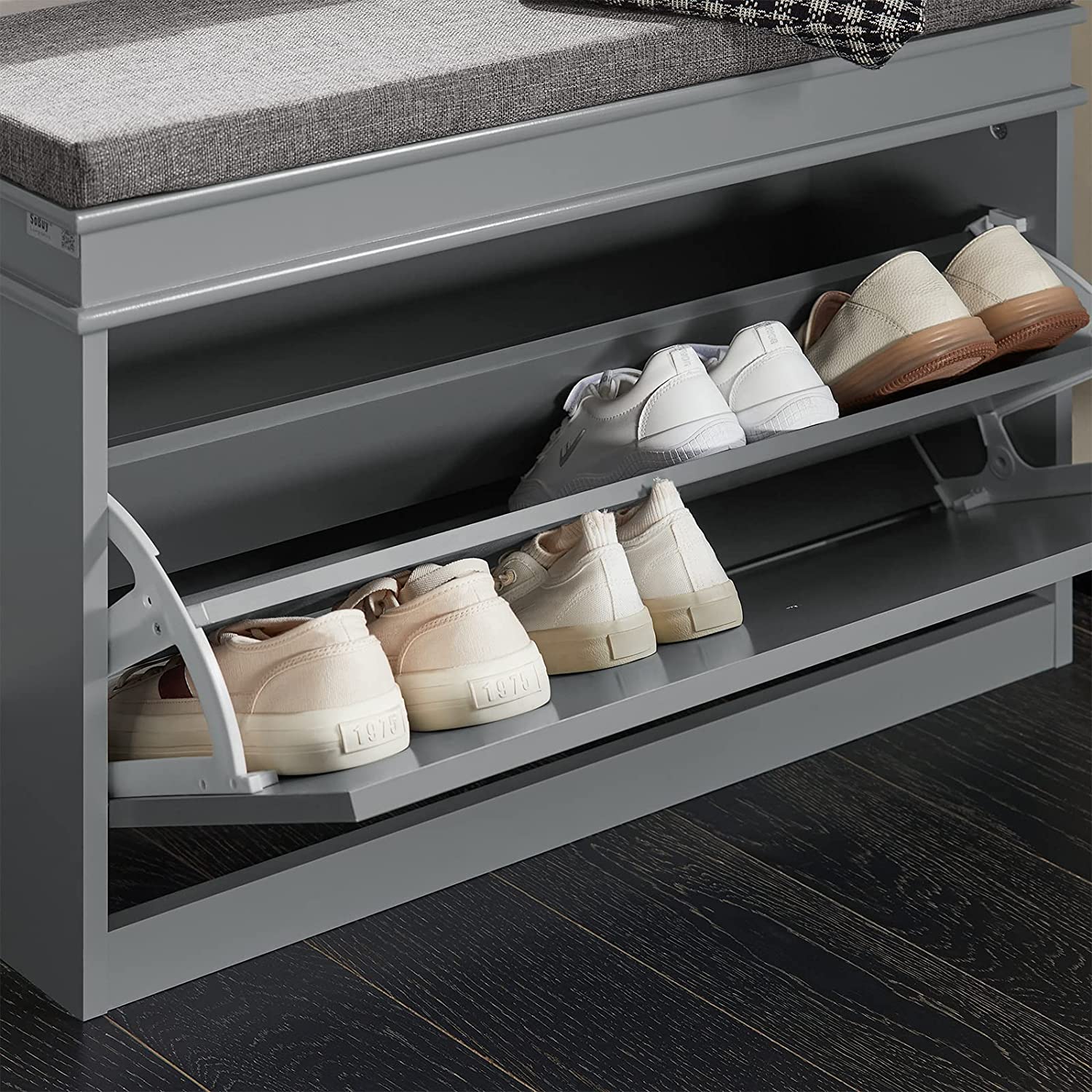 SoBuy FSR82-L-HG,Shoe Cabinet,Hallway Shoe Bench Shoe Rack Shoe Cabinet with Flip-Drawer and Seat Cushion,Grey