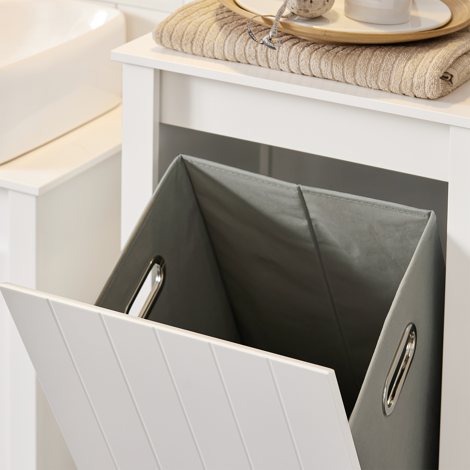 SoBuy BZR102-W Bathroom Tall Cabinet Cupboard Bathroom Storage Cabinet with Laundry Basket