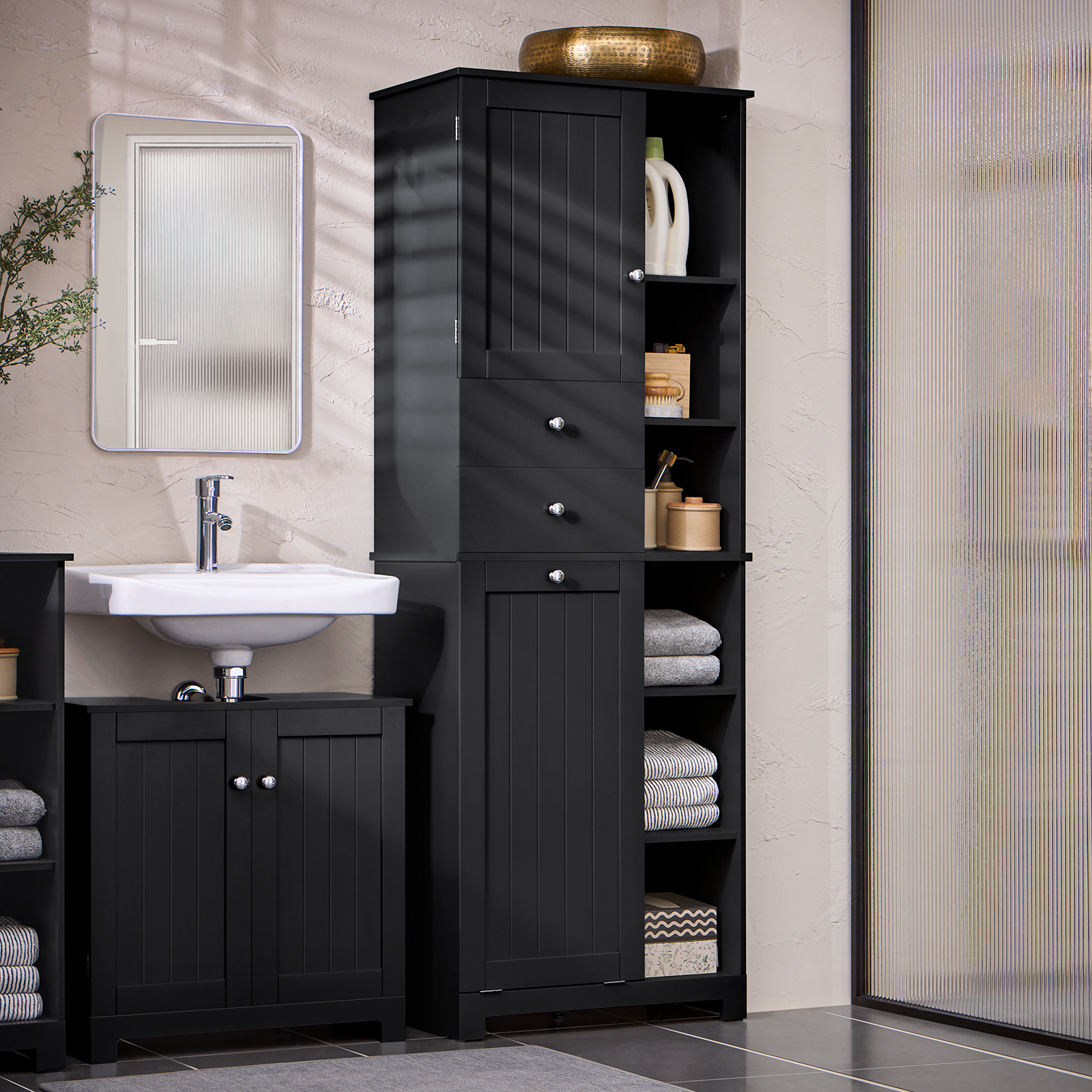 SoBuy Bathroom Tall Cupboard Storage Cabinet with Laundry Basket Laundry Chest BZR104-SCH