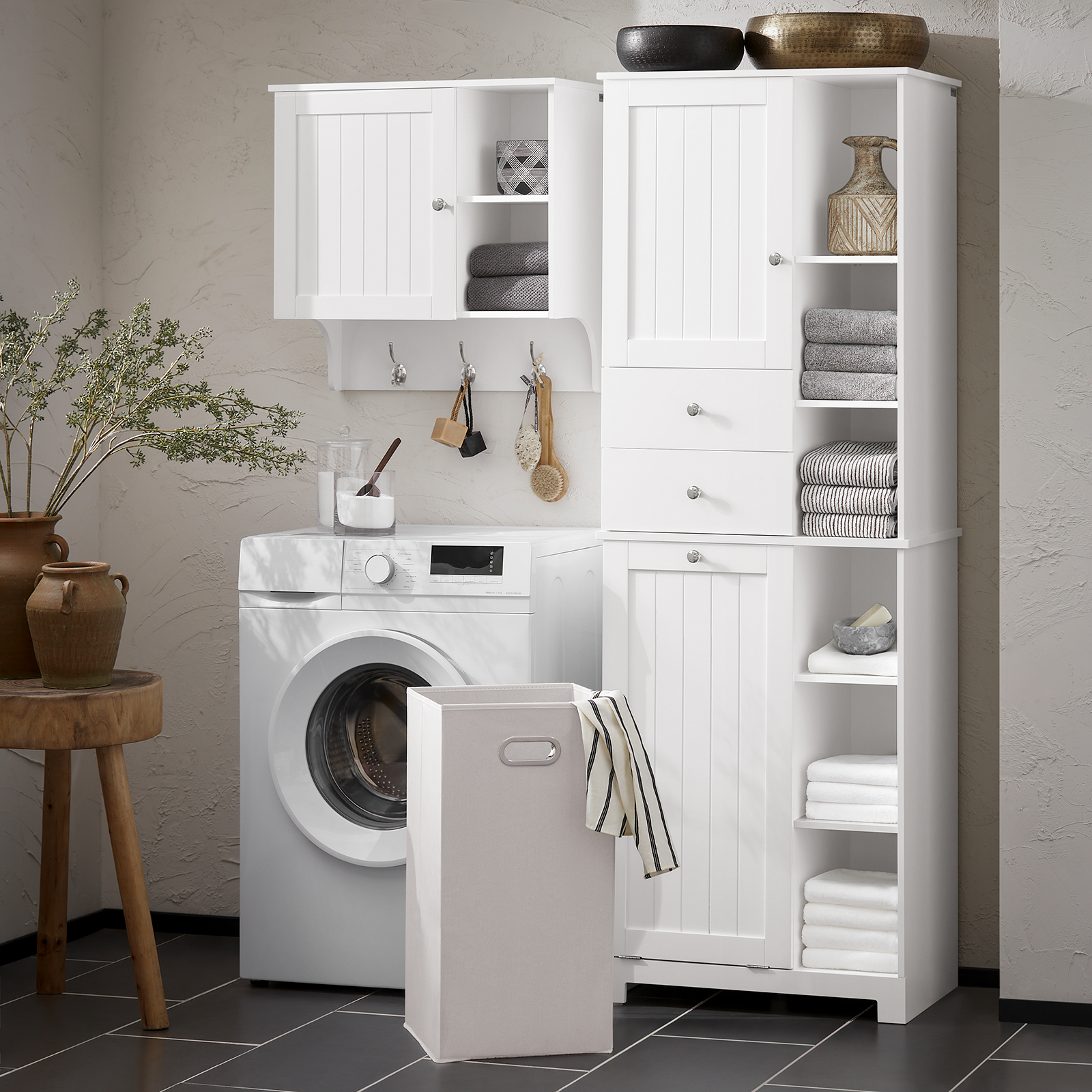 SoBuy Bathroom Tall Cupboard Storage Cabinet with Laundry Basket Laundry Chest BZR104-W