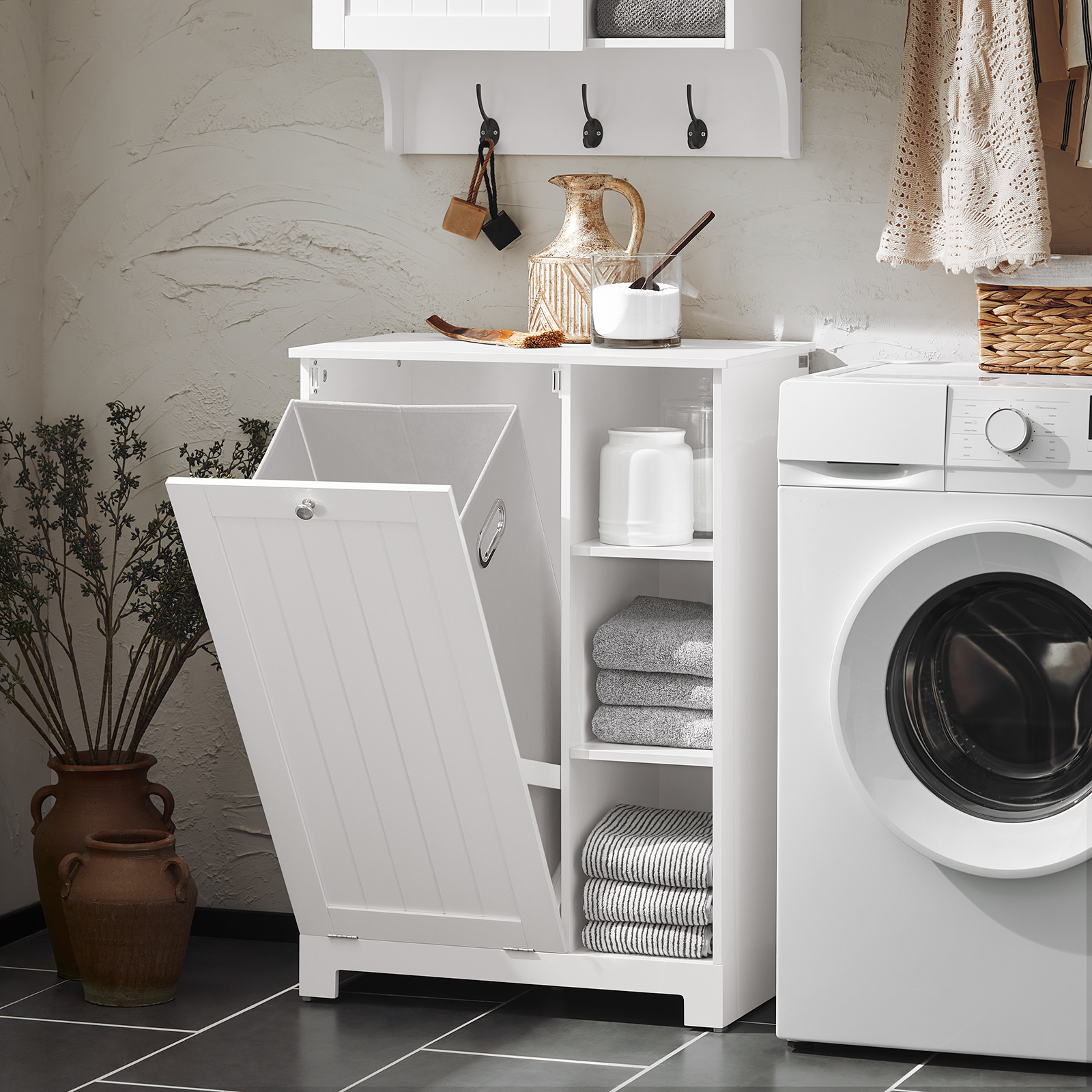 SoBuy BZR105-W Laundry Cabinet Chest Bathroom Storage Cabinet With Laundry Basket
