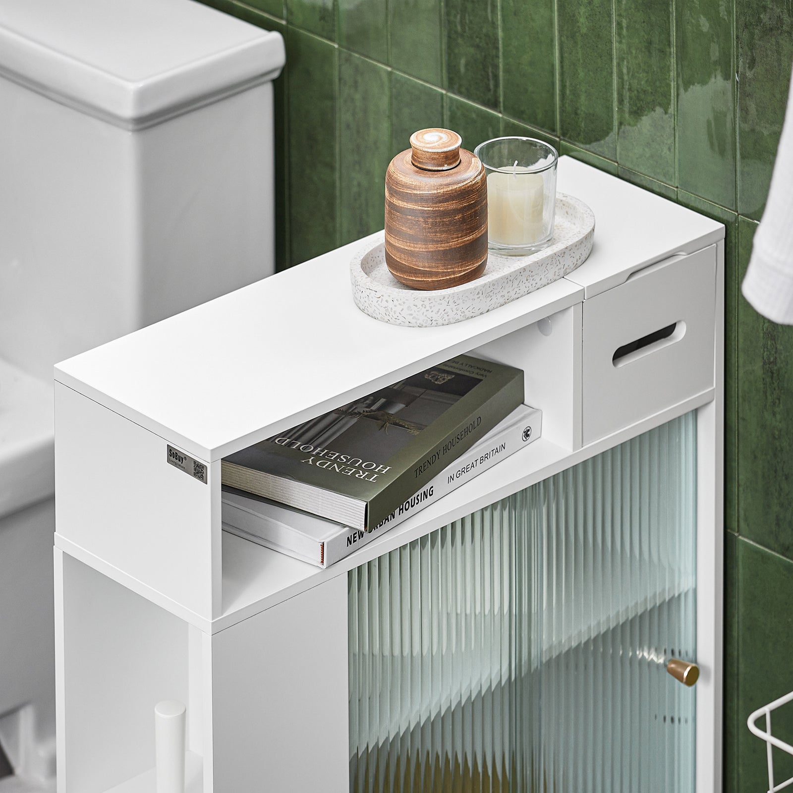 SoBuy BZR117-W, Bathroom Cabinet Storage Cabinet with 2 Sliding Glass Doors, Bathroom Toilet Paper Roll Holder On Wheels