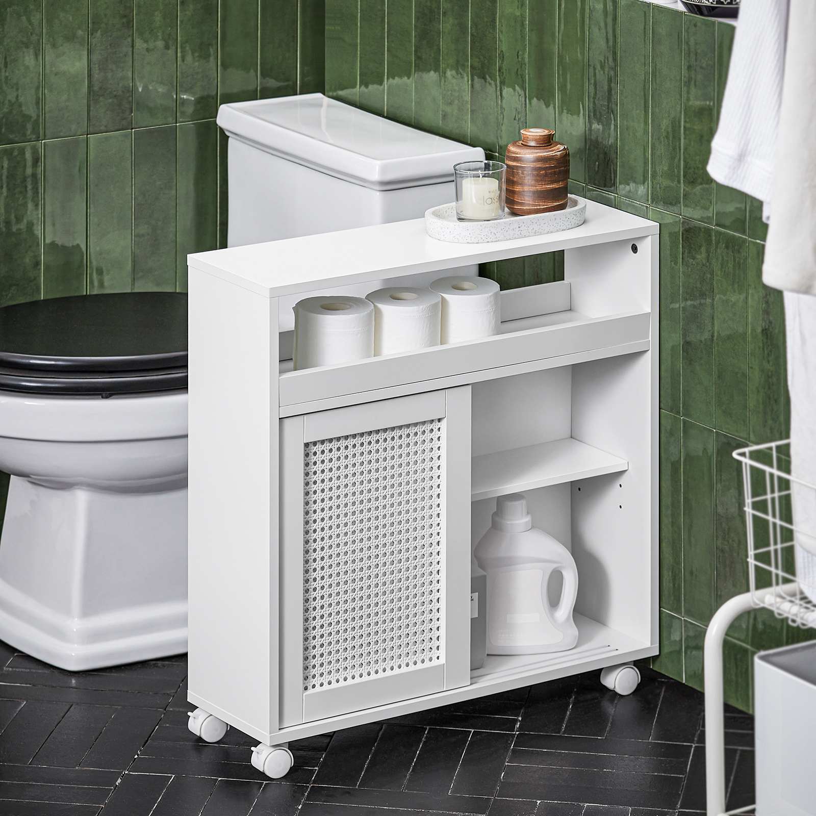 SoBuy Bathroom Storage Cabinet with 2 Sliding Doors, Toilet Paper Roll Holder BZR119-W