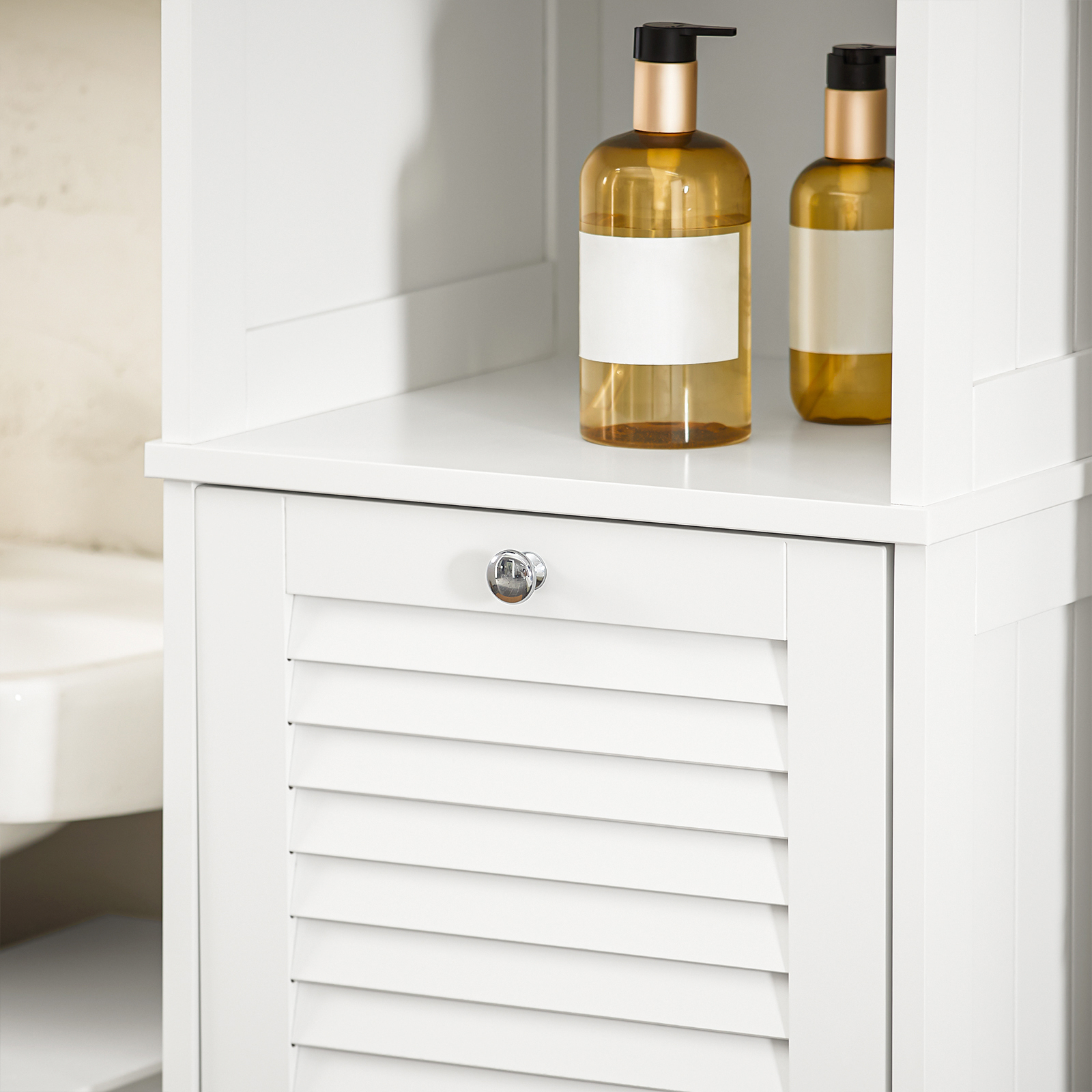 SoBuy BZR124-W Bathroom Tall Cabinet Cupboard Storage Cabinet With Laundry Basket