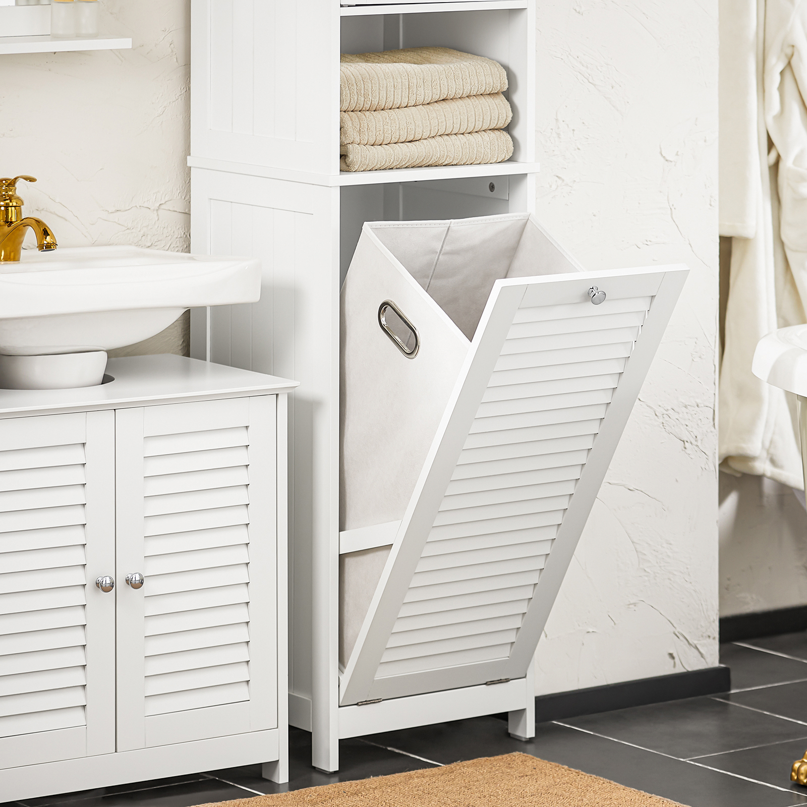 SoBuy BZR124-W Bathroom Tall Cabinet Cupboard Storage Cabinet With Laundry Basket