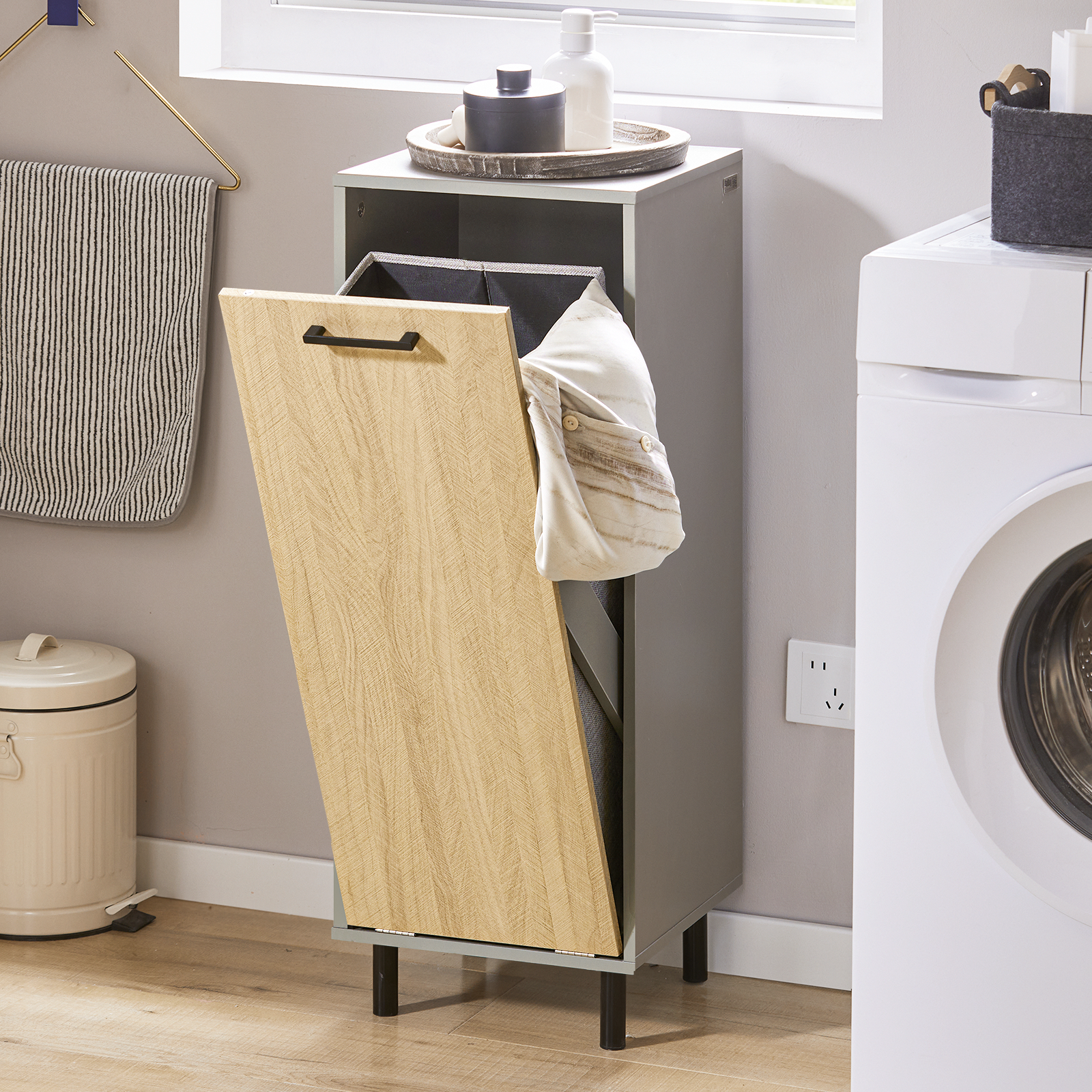 SoBuy Tilt-Out Laundry Storage Cabinet Bathroom Laundry Chest Cabinet with Laundry Basket BZR132-NG