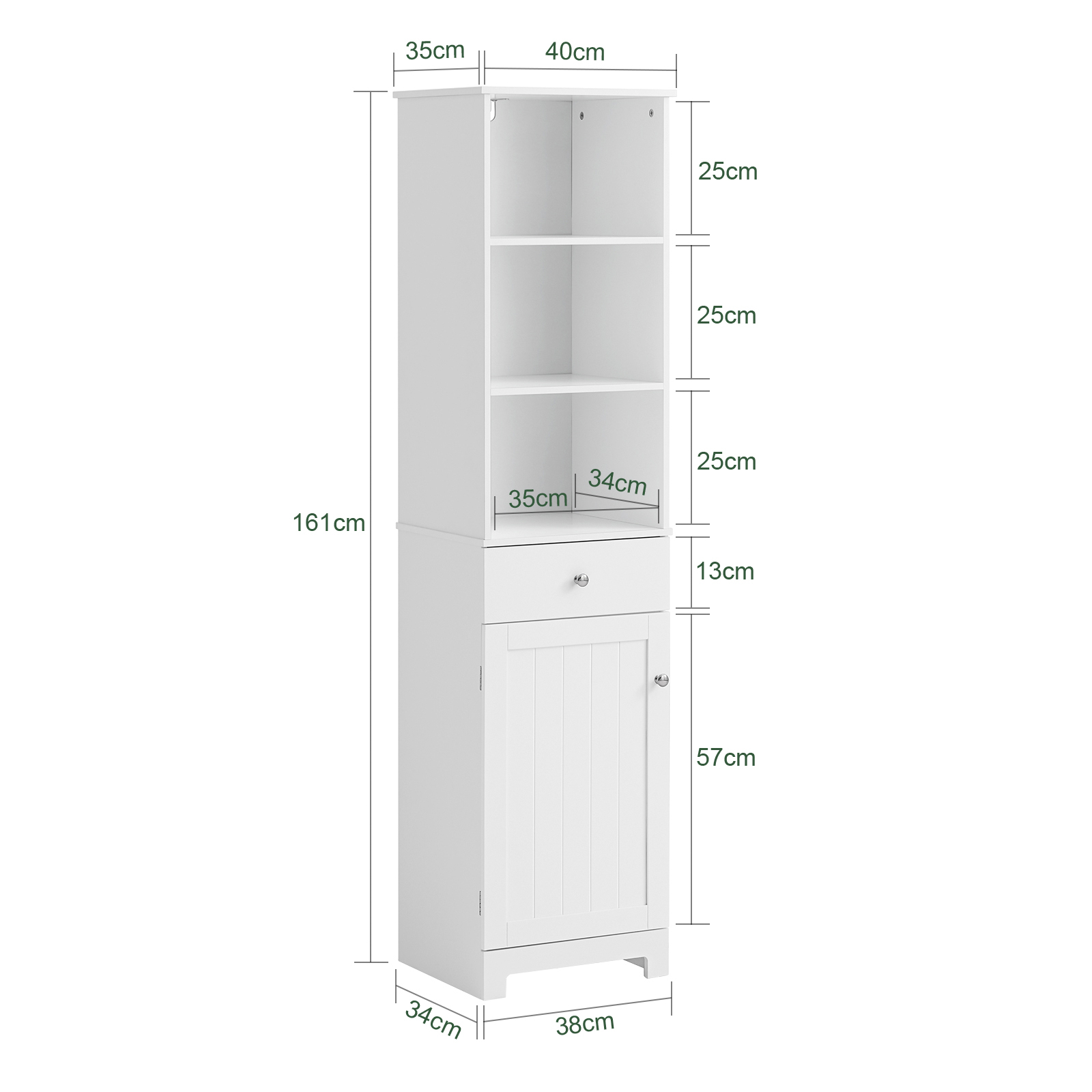 SoBuy BZR17-W, White Tall Bathroom Storage Cabinet Unit with 3 Shelves 1 Drawer 1 Cabinet, 40x35x161cm