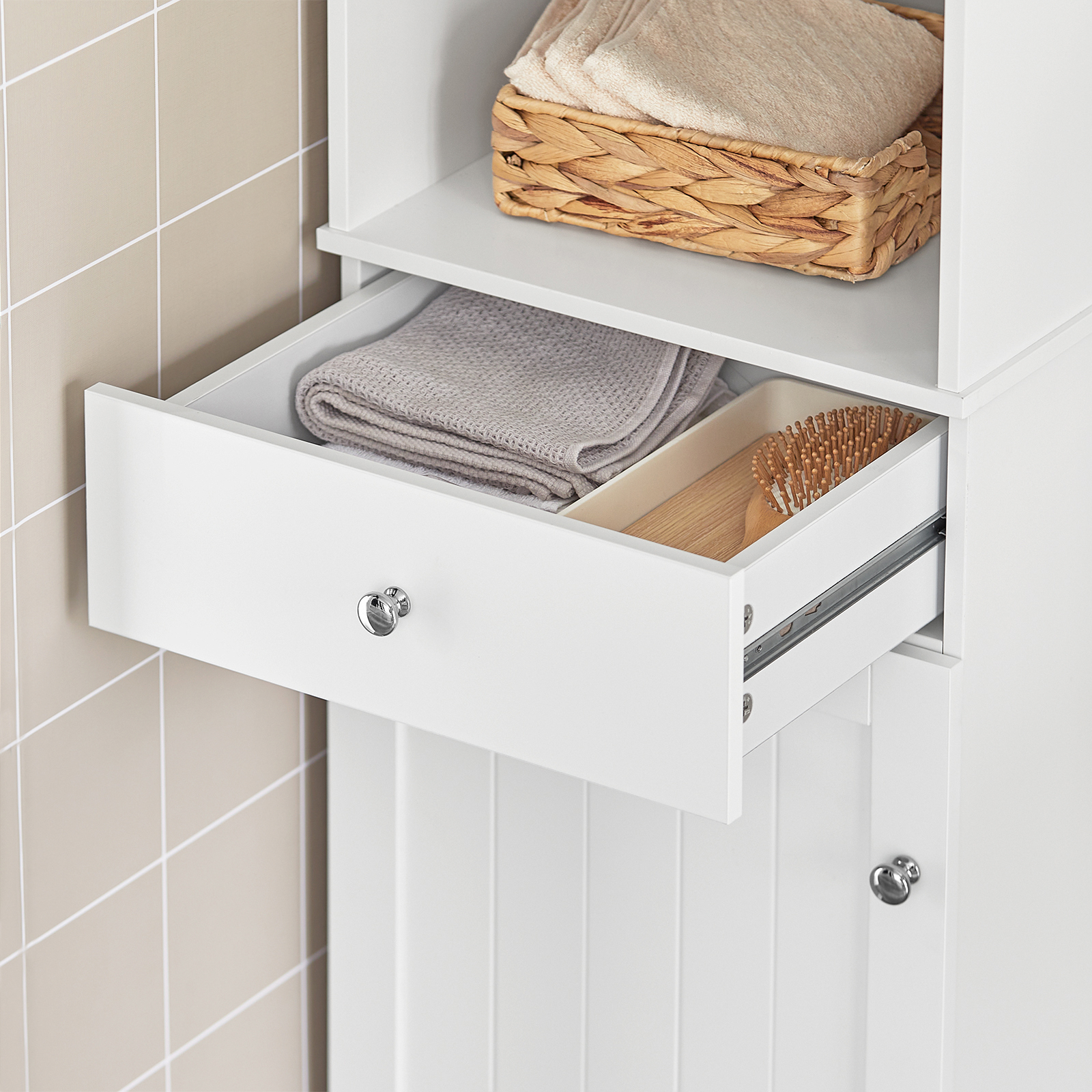 SoBuy BZR17-W, White Tall Bathroom Storage Cabinet Unit with 3 Shelves 1 Drawer 1 Cabinet, 40x35x161cm