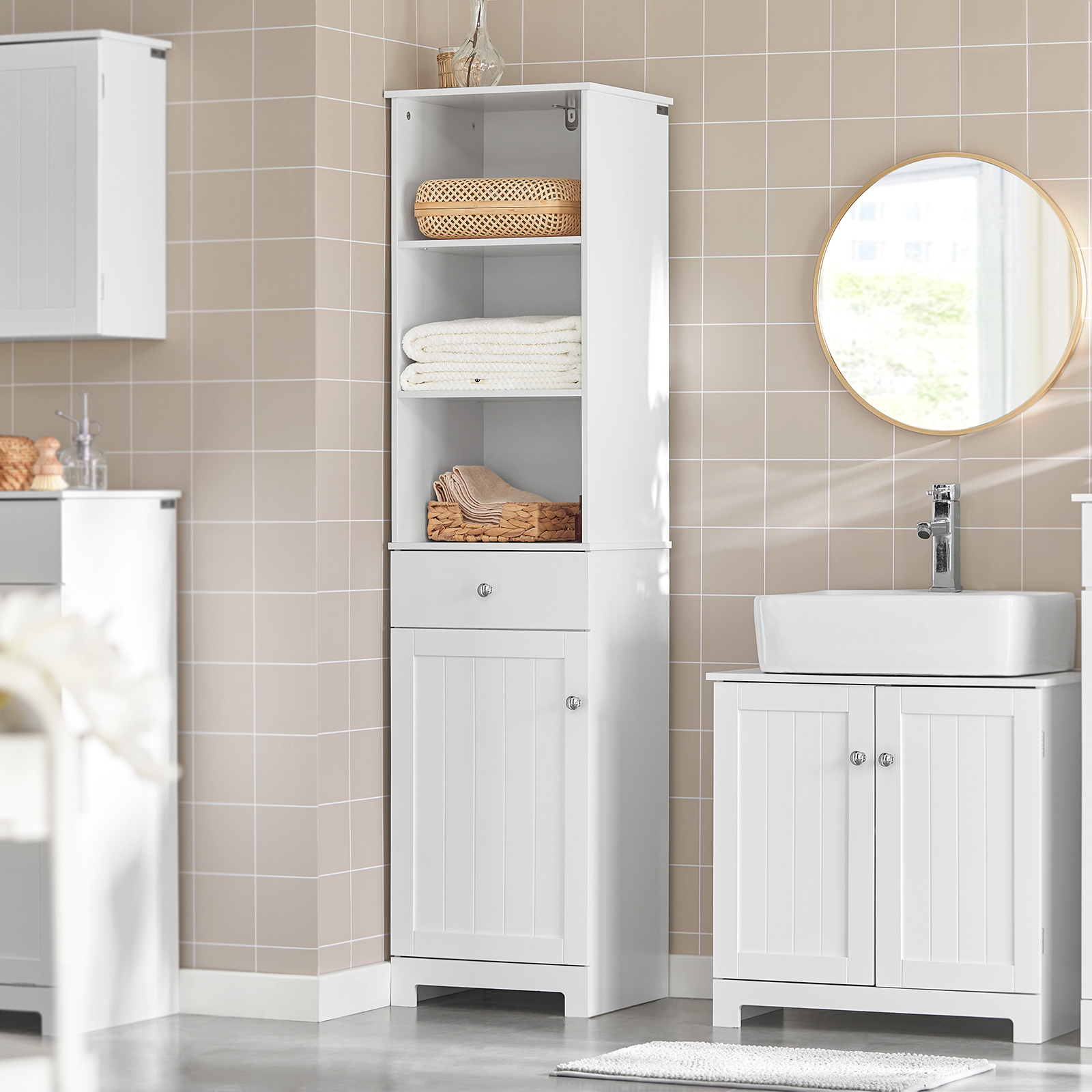 SoBuy BZR17-W, White Tall Bathroom Storage Cabinet Unit with 3 Shelves 1 Drawer 1 Cabinet, 40x35x161cm