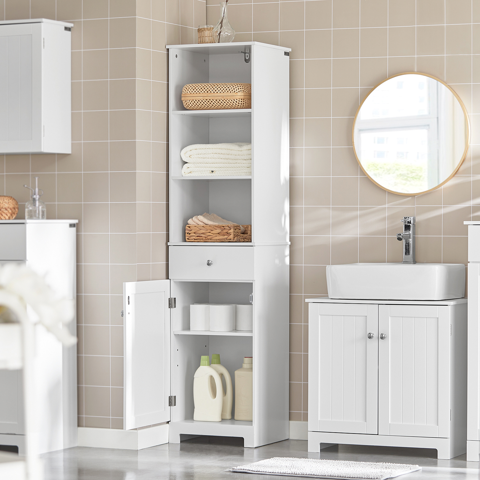 SoBuy BZR17-W, White Tall Bathroom Storage Cabinet Unit with 3 Shelves 1 Drawer 1 Cabinet, 40x35x161cm