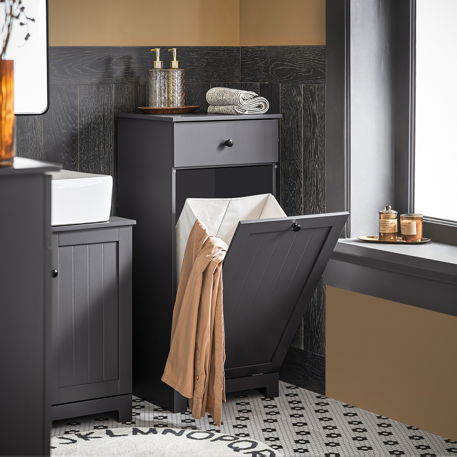 SoBuy BZR21-DG, Bathroom Laundry Basket Bathroom Storage Cabinet Unit with Drawer, 40x38x90cm