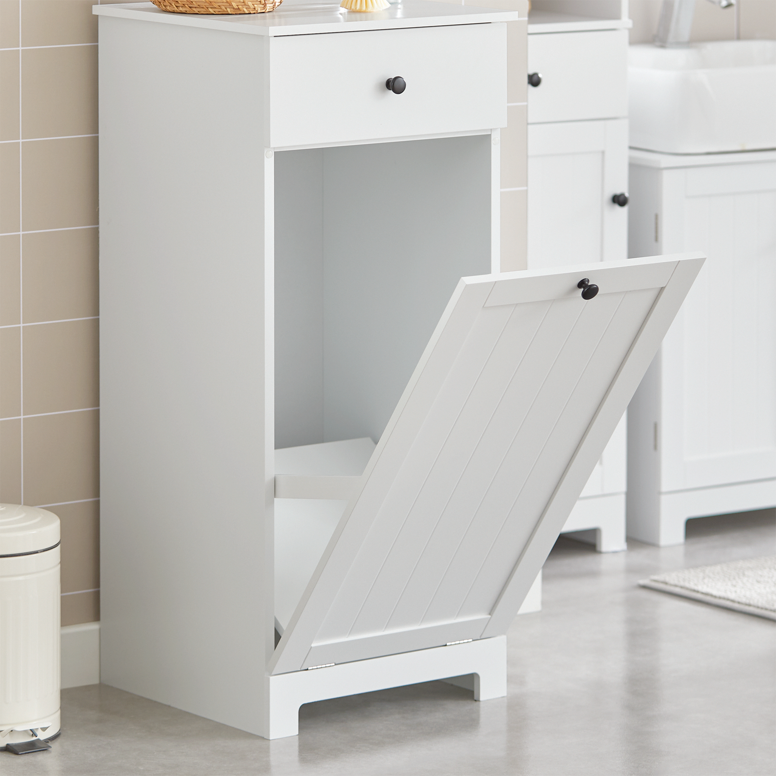 SoBuy White Bathroom Laundry Basket Bathroom Storage Cabinet Unit with Drawer,BZR21-W