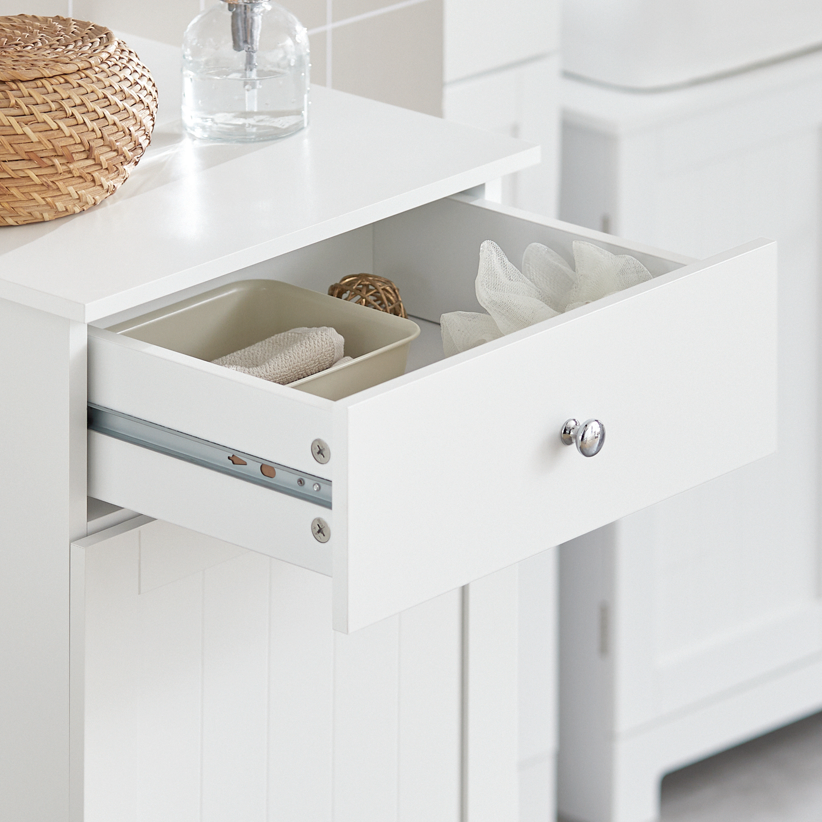SoBuy White Bathroom Laundry Basket Bathroom Storage Cabinet Unit with Drawer,BZR21-W