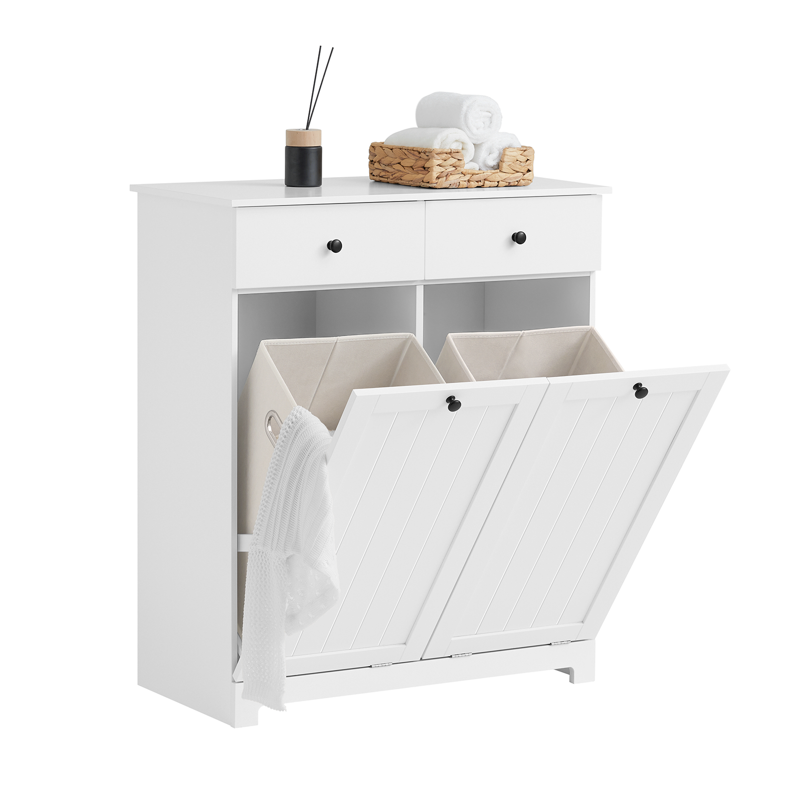 SoBuy BZR33-W, 2 Drawers 2 Doors Laundry Cabinet Laundry Chest with 2 Removable Laundry Baskets, Bathroom Cabinet