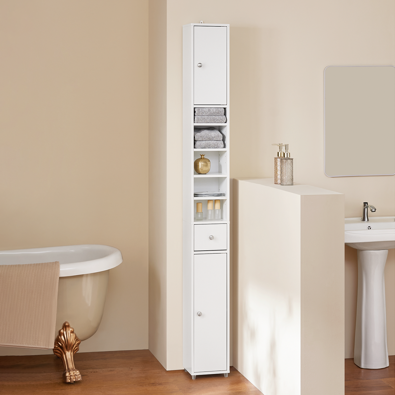 SoBuy BZR34-W, White Bathroom Cabinet Bathroom Shelf Bathroom Tall Cabinet Cupboard, 20x20x180cm