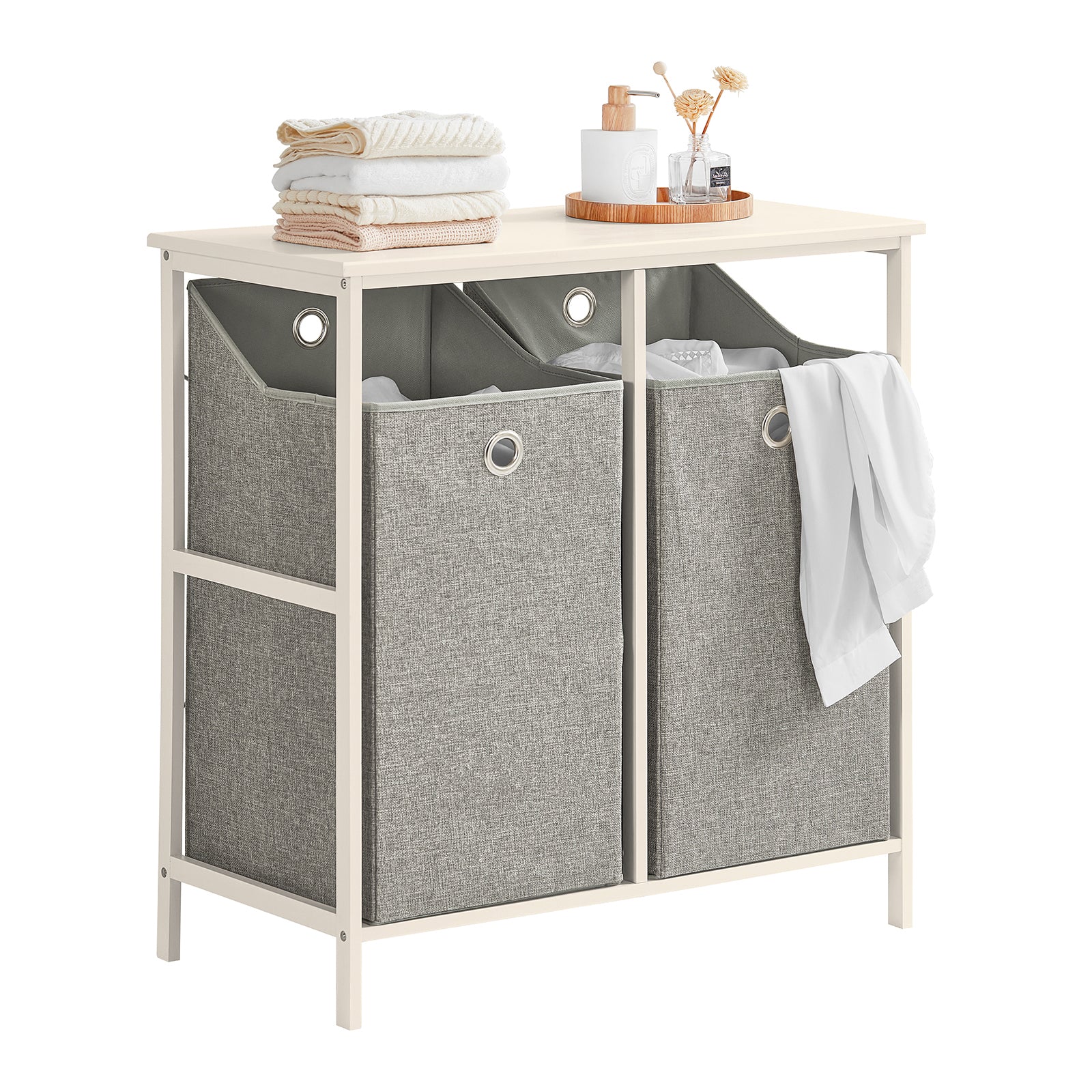 SoBuy BZR57-W Laundry Cabinet Laundry Chest with 2 Removable Laundry Baskets, Bathroom Storage Shelf Rack