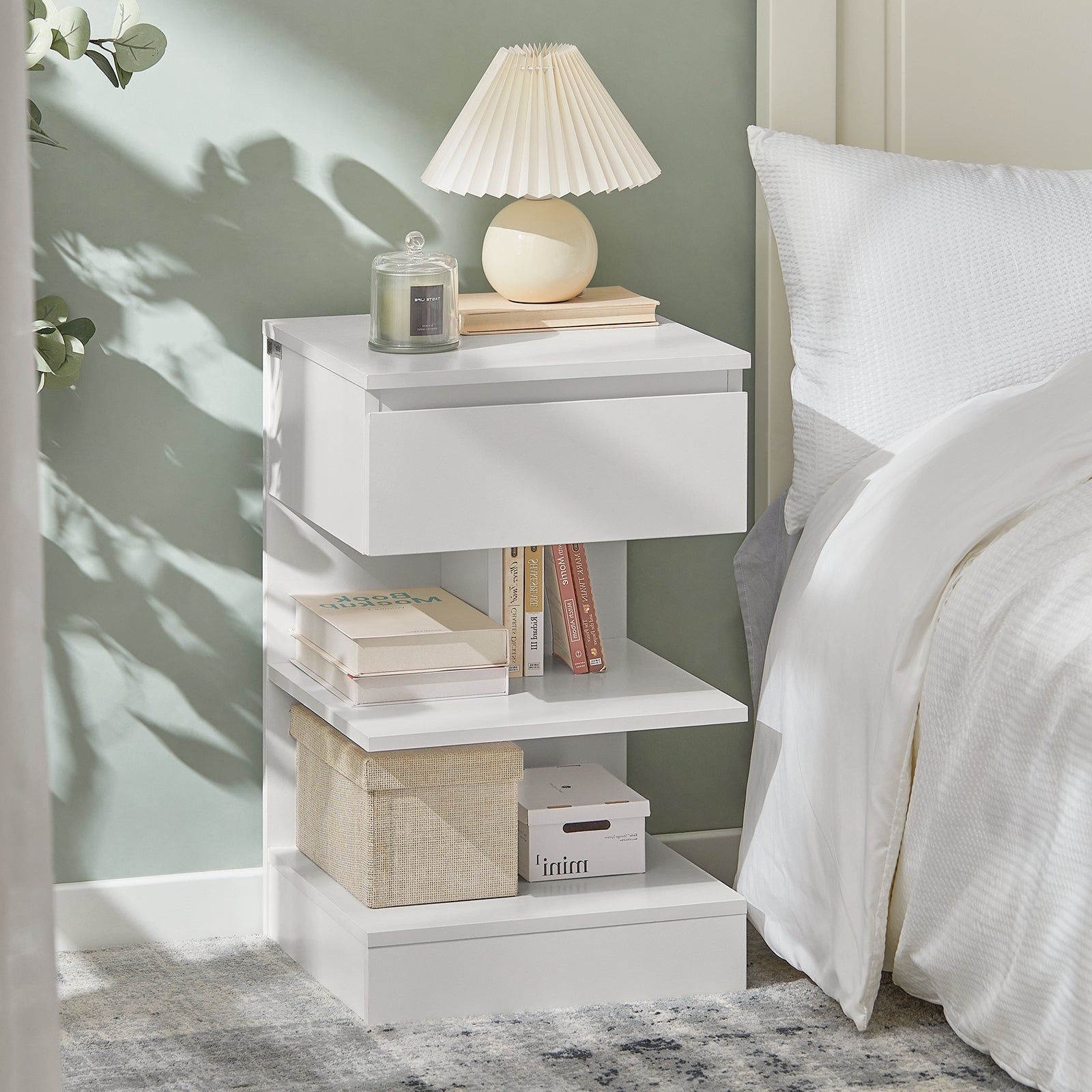 SoBuy Home Wood Bedside End Table with Drawer & Storage Shelves White,FBT49-W
