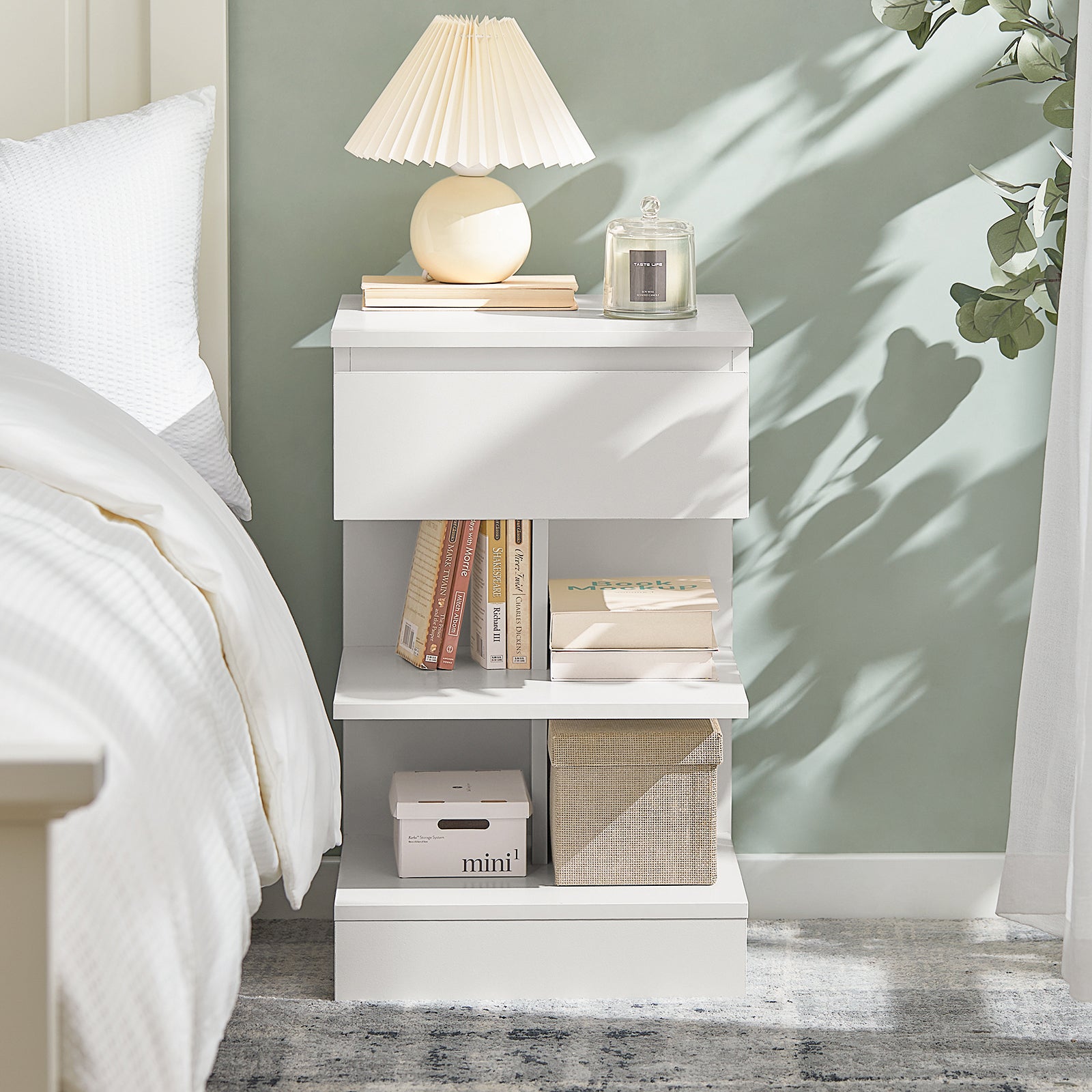 SoBuy Home Wood Bedside End Table with Drawer & Storage Shelves White,FBT49-W