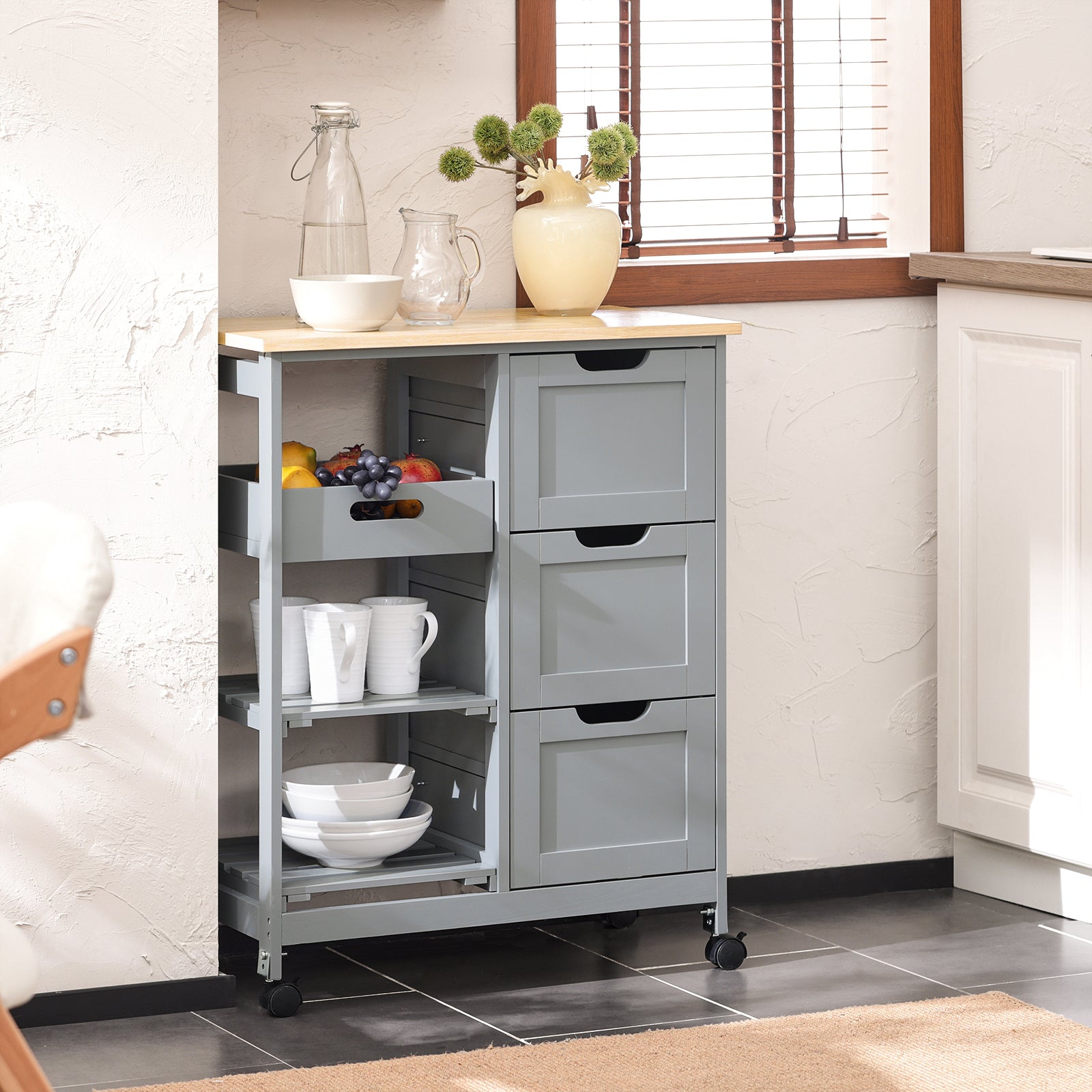 SoBuy FKW79-HG, Kitchen Trolley Cart Storage Serving Trolley With 3 Drawers And Removable Tray