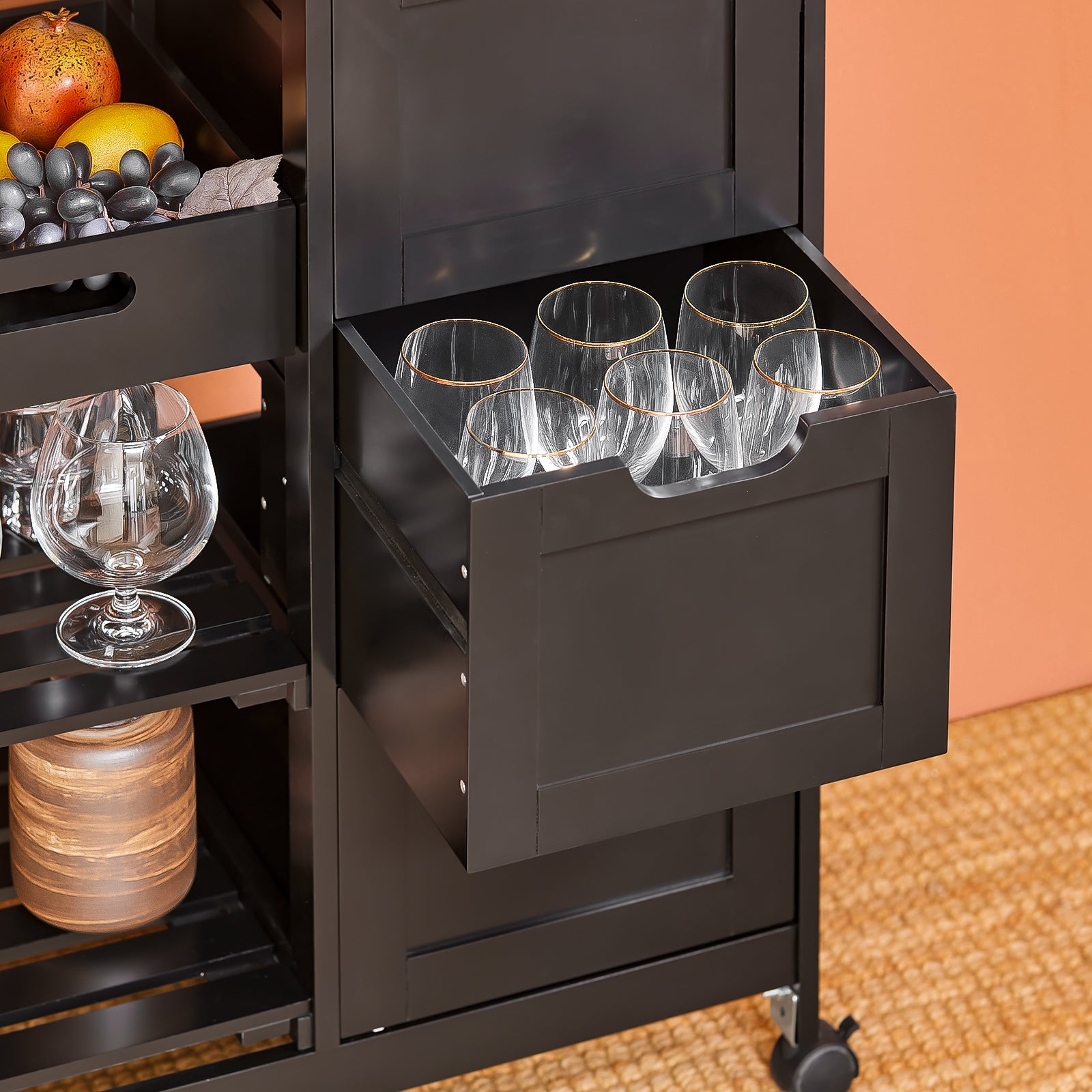 SoBuy FKW79-SCH,Kitchen Serving Cart with 3 Drawers and Removable Tray,Kitchen Storage Trolley,Black