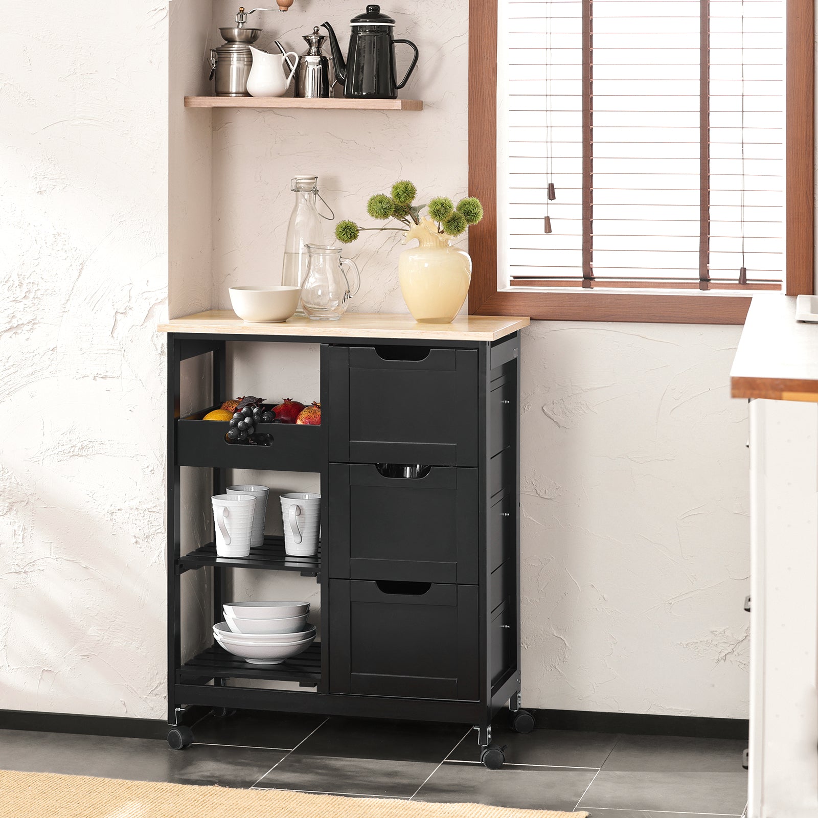 SoBuy FKW79-SCH,Kitchen Serving Cart with 3 Drawers and Removable Tray,Kitchen Storage Trolley,Black