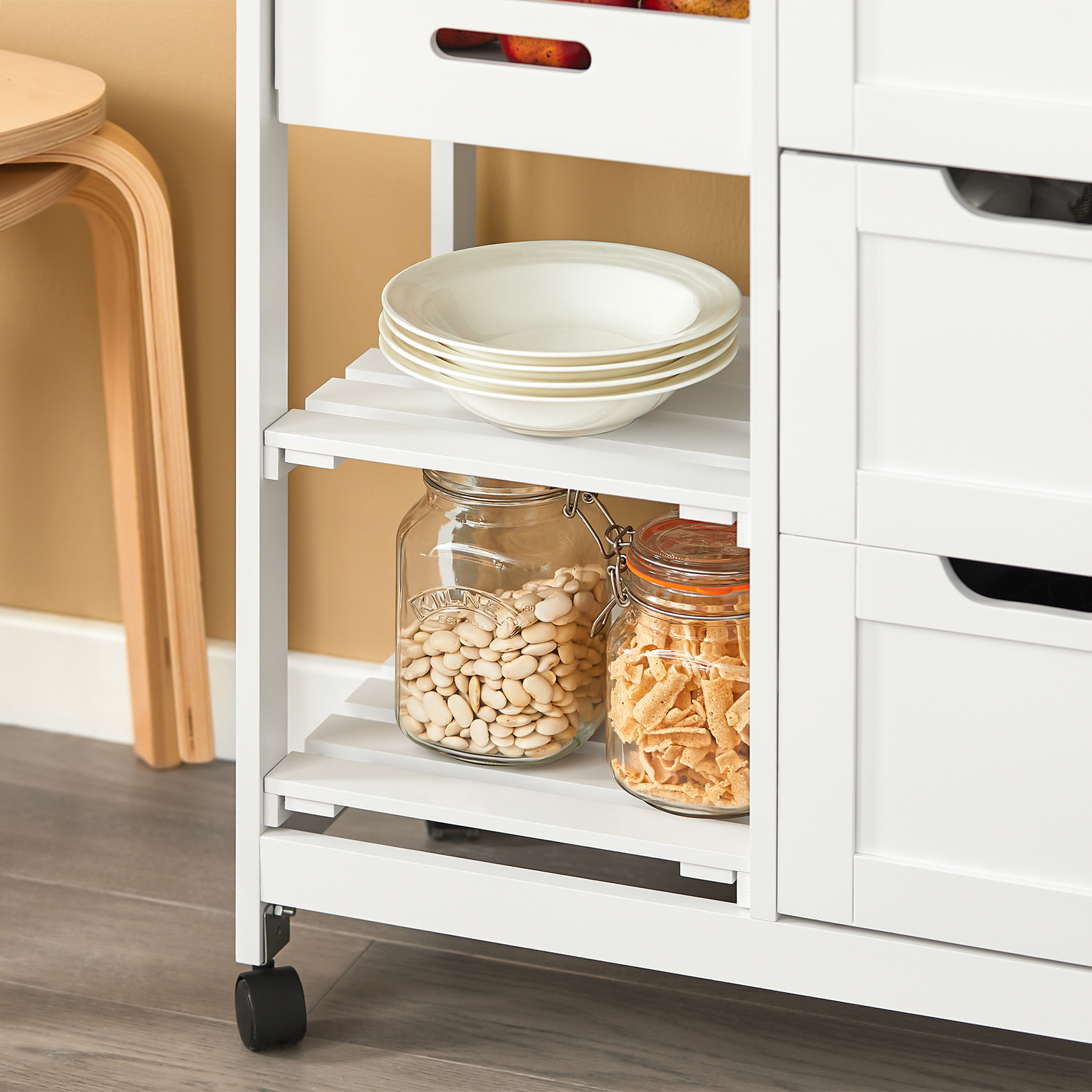 SoBuy FKW79-W,Kitchen Serving Cart with 3 Drawers and Removable Tray,Kitchen Storage Trolley,White