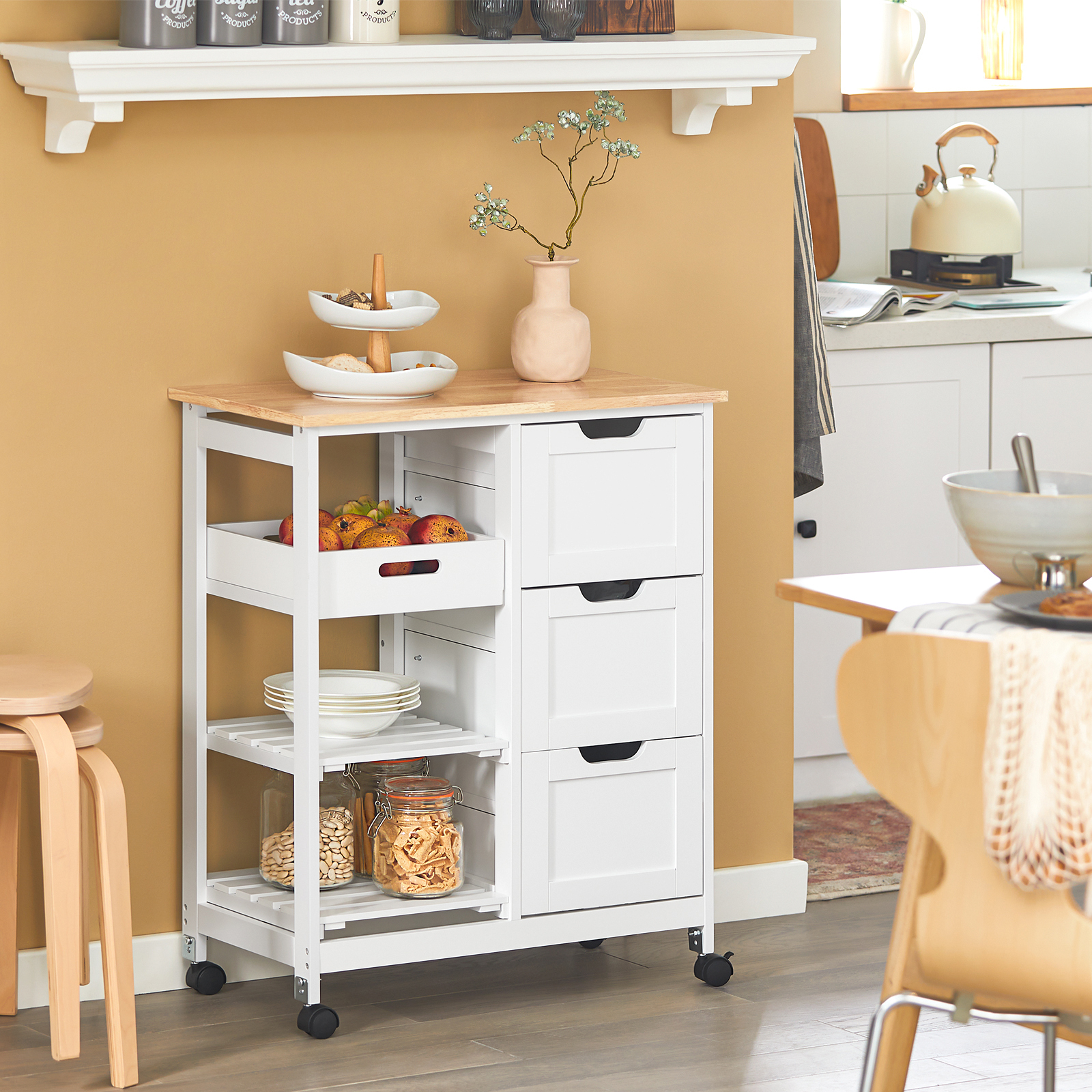 SoBuy FKW79-W,Kitchen Serving Cart with 3 Drawers and Removable Tray,Kitchen Storage Trolley,White