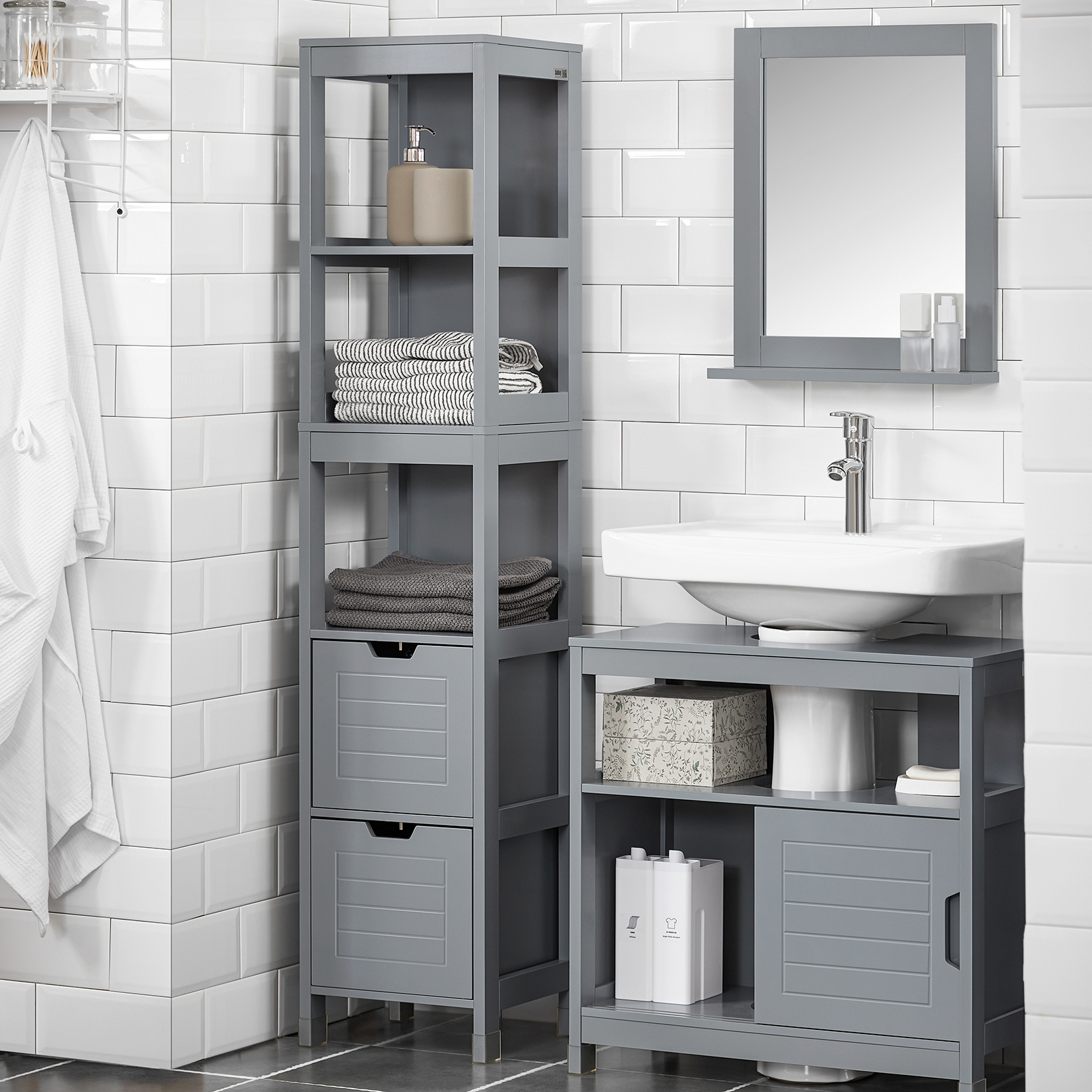 SoBuy Tall Bathroom Storage Cabinet with 3 Shelves and 2 Drawers, FRG126-SG