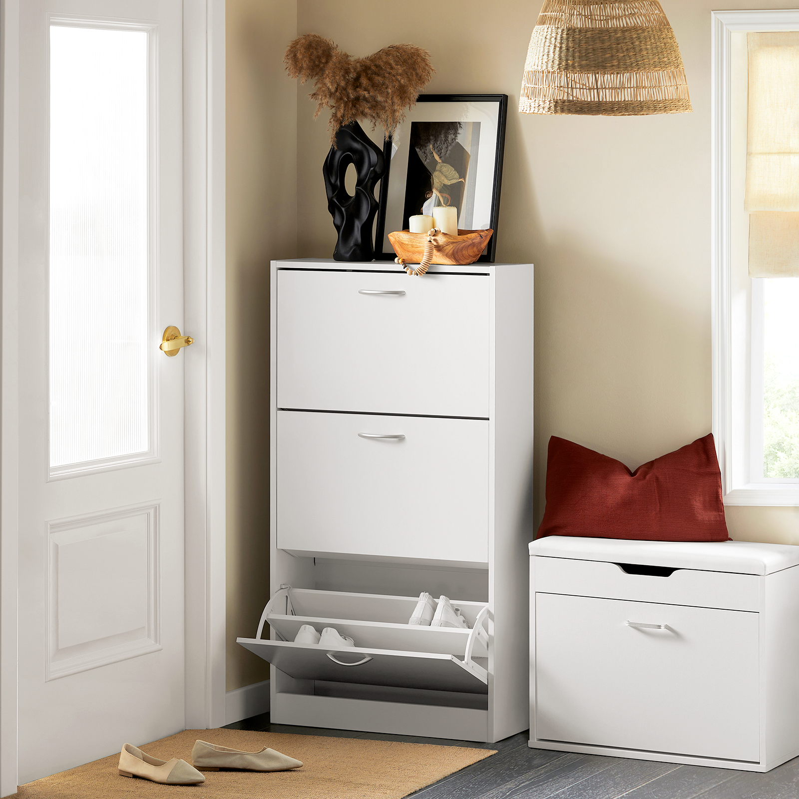 SoBuy FSR110-W,White Shoe Cabinet with 3 Flip Drawers, Freestanding Shoe Rack,Shoe StorageCupboard Organizer Unit