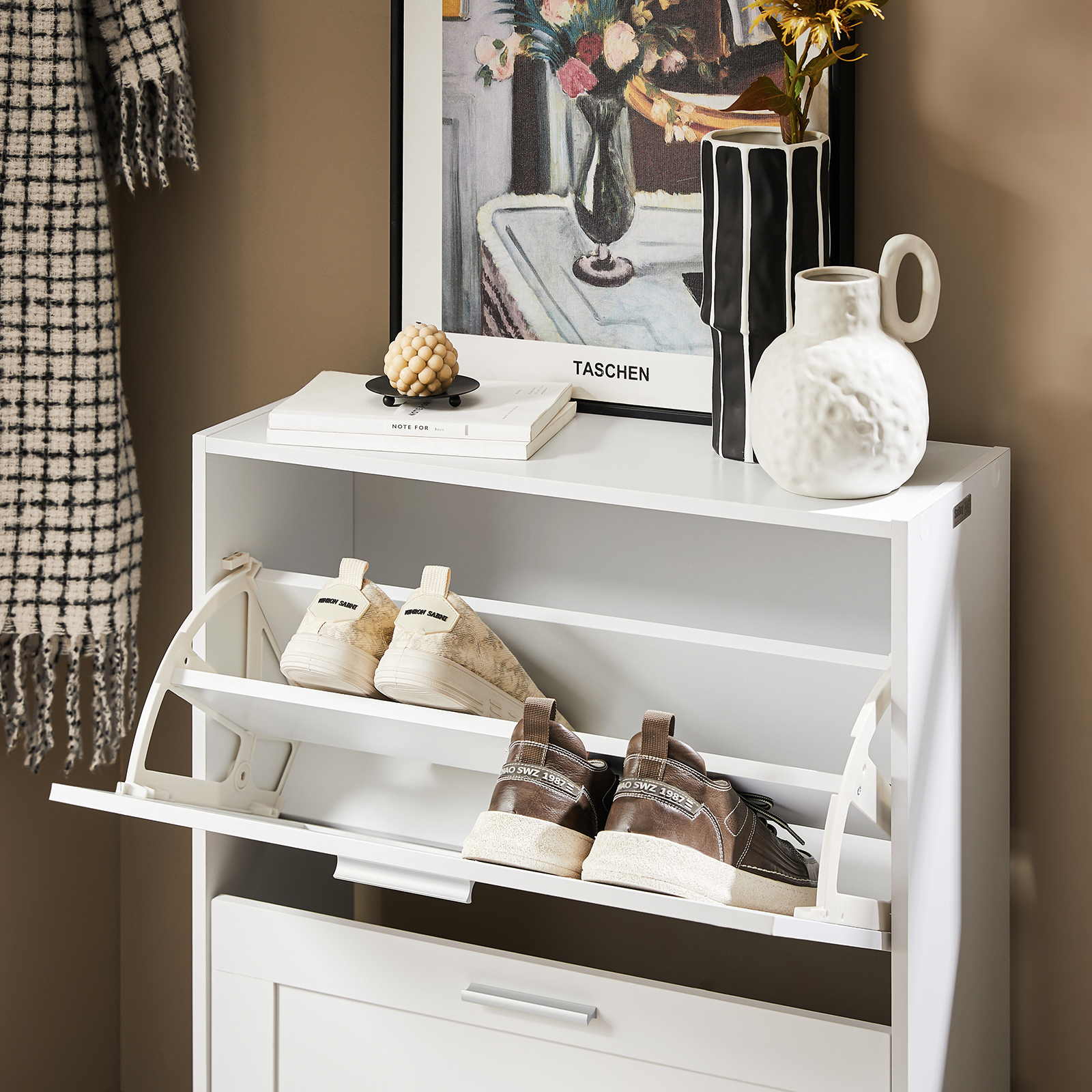 SoBuy Narrow Shoe Cabinet with 2 Flip Drawers,Shoe Rack for Entryway,White Storage Organizer,FSR137-W