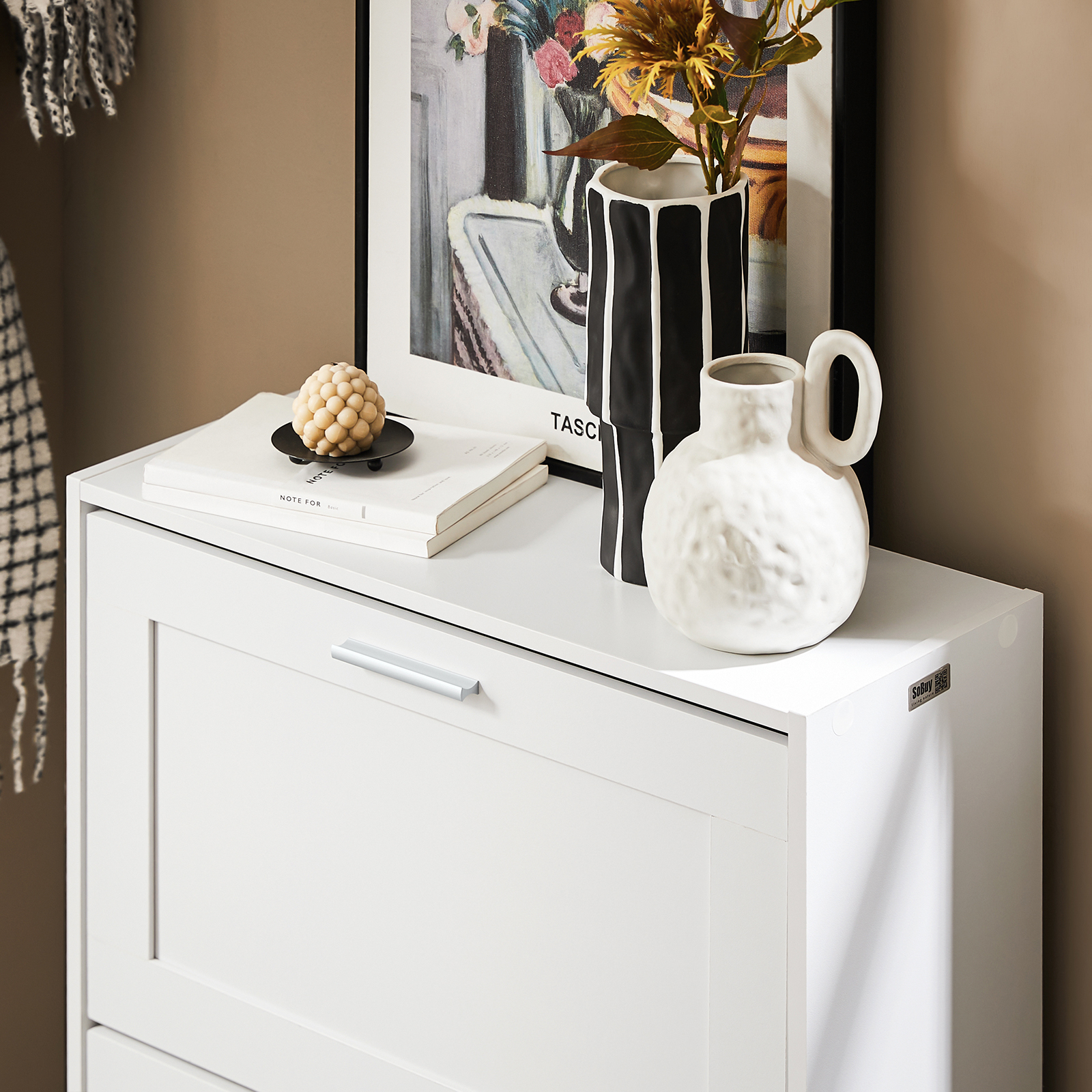 SoBuy Narrow Shoe Cabinet with 2 Flip Drawers,Shoe Rack for Entryway,White Storage Organizer,FSR137-W