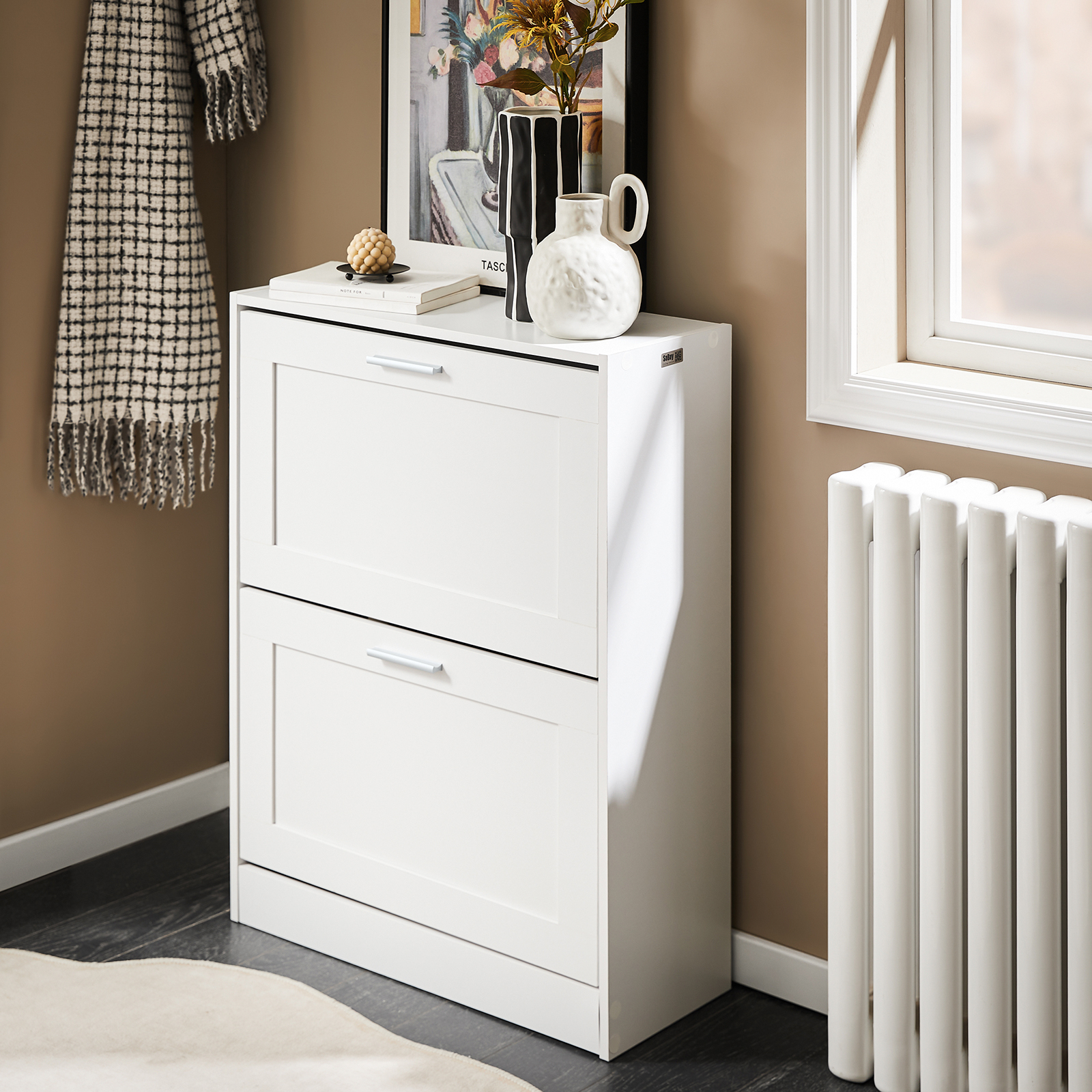 SoBuy Narrow Shoe Cabinet with 2 Flip Drawers,Shoe Rack for Entryway,White Storage Organizer,FSR137-W