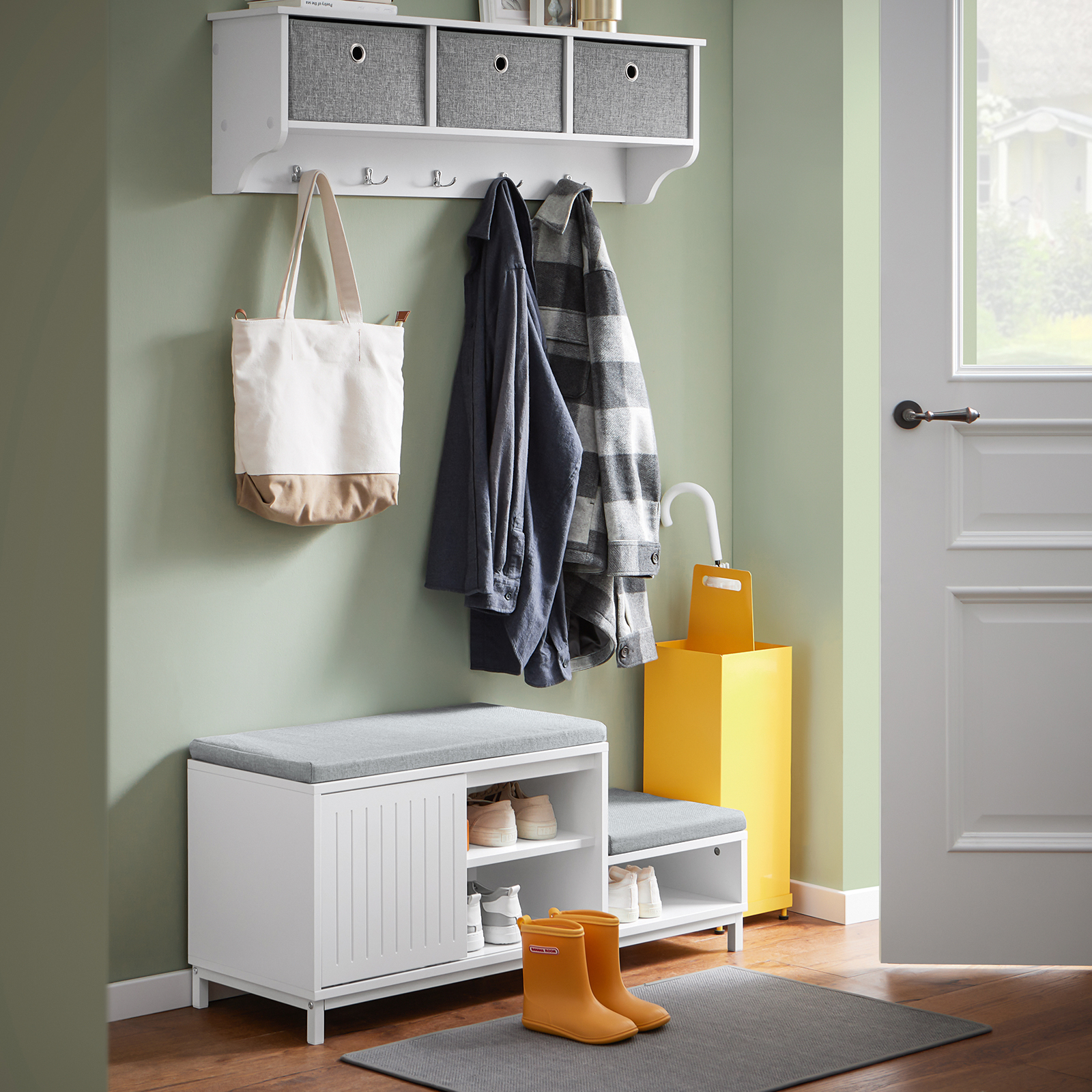 SoBuy FSR166-W, Hallway Shoe Bench Shoe Cabinet Shoe Rack with 2 Seats and 1 Sliding Door