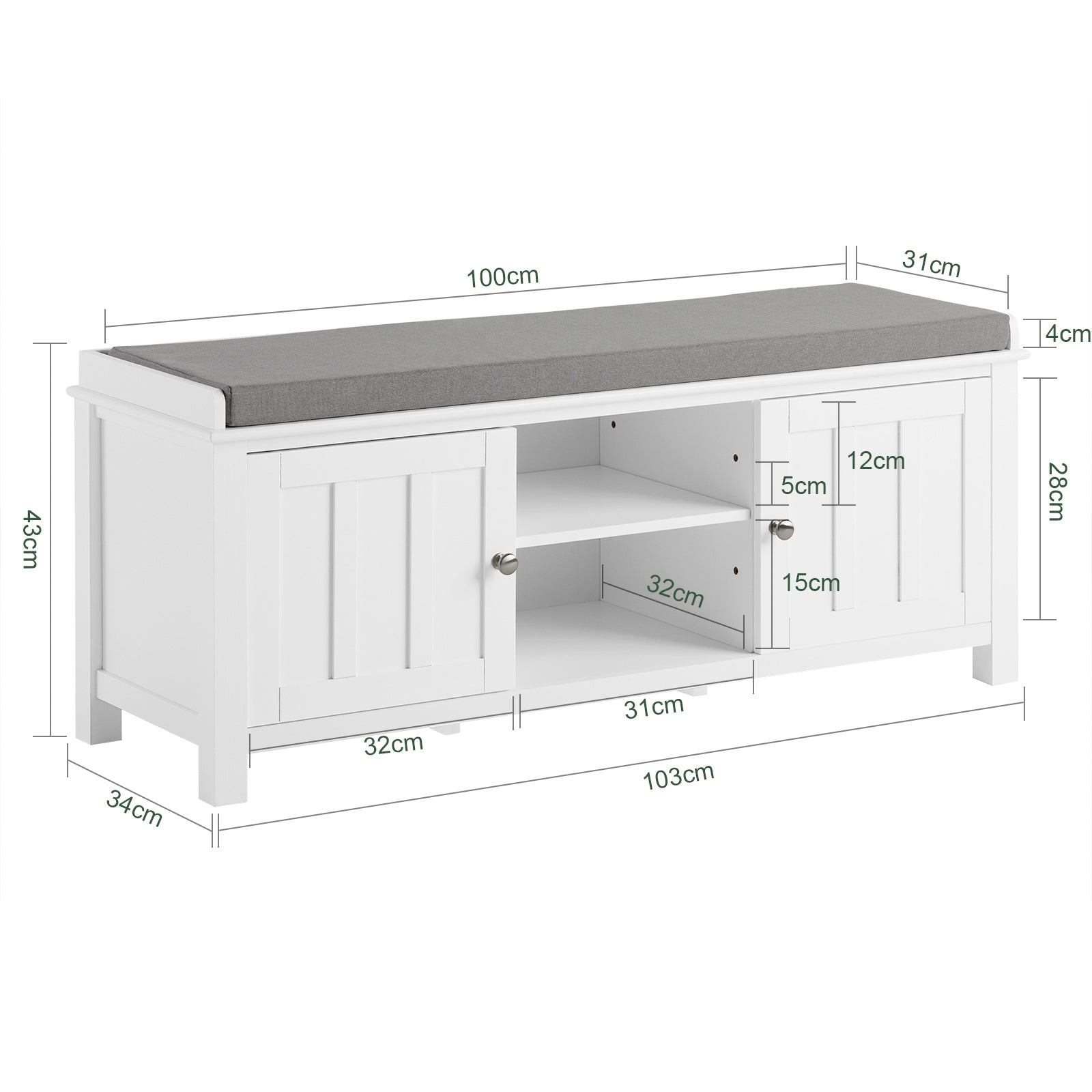 SoBuy FSR35-W White Storage Bench with 2 Doors & Removable Seat Cushion, Shoe Cabinet Shoe Bench