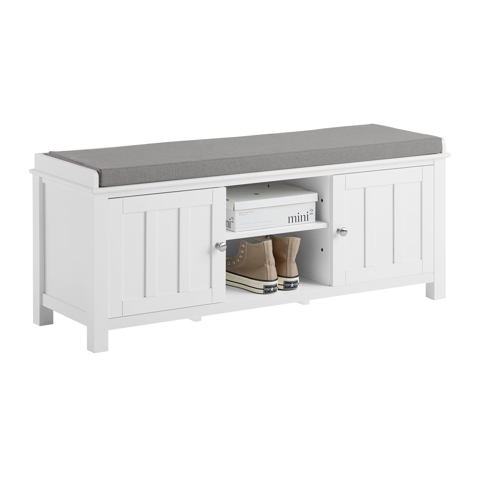 SoBuy FSR35-W White Storage Bench with 2 Doors & Removable Seat Cushion, Shoe Cabinet Shoe Bench