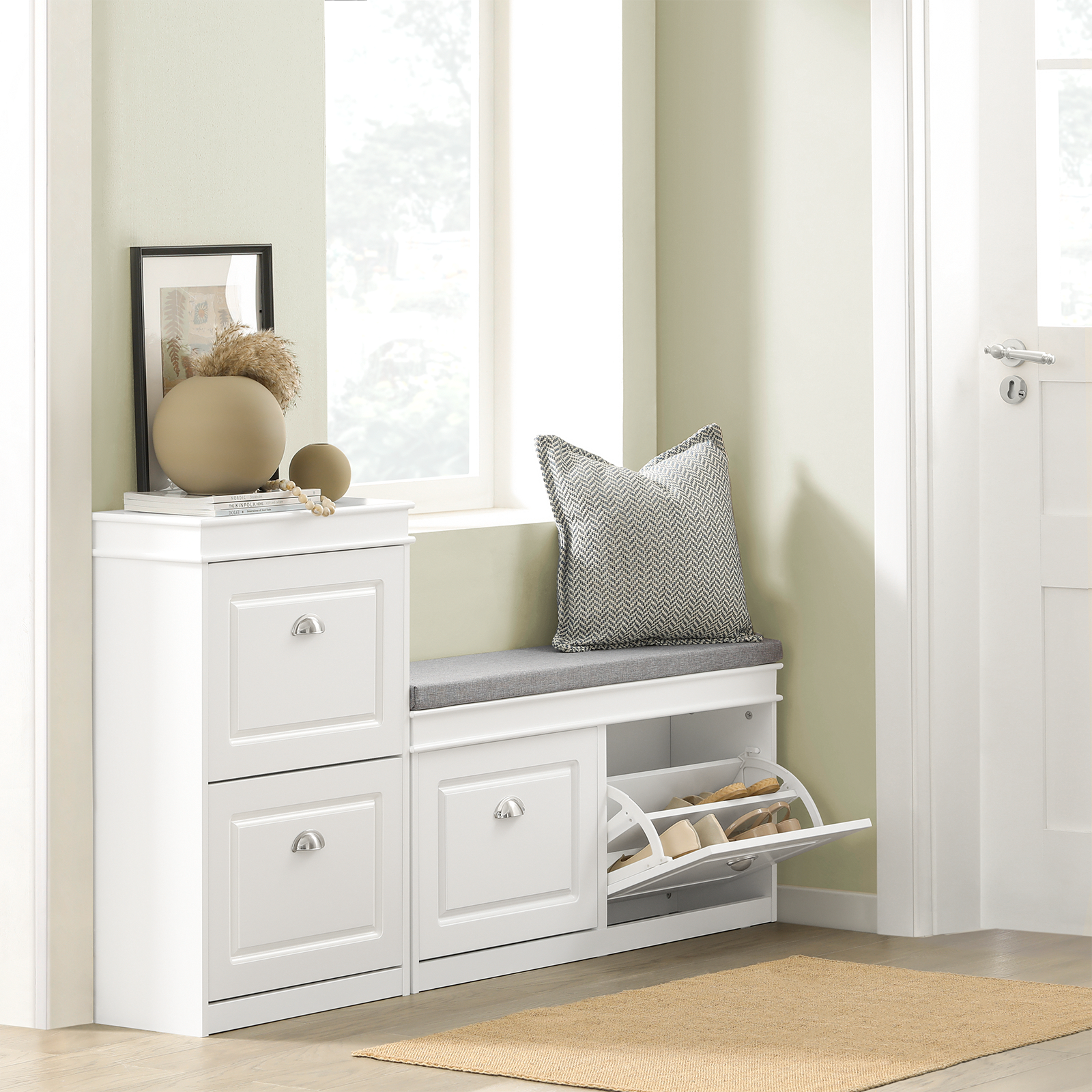 SoBuy FSR64-W,Hallway Shoe Bench,Shoe Cabinet with Flip-Drawer and Seat Cushion