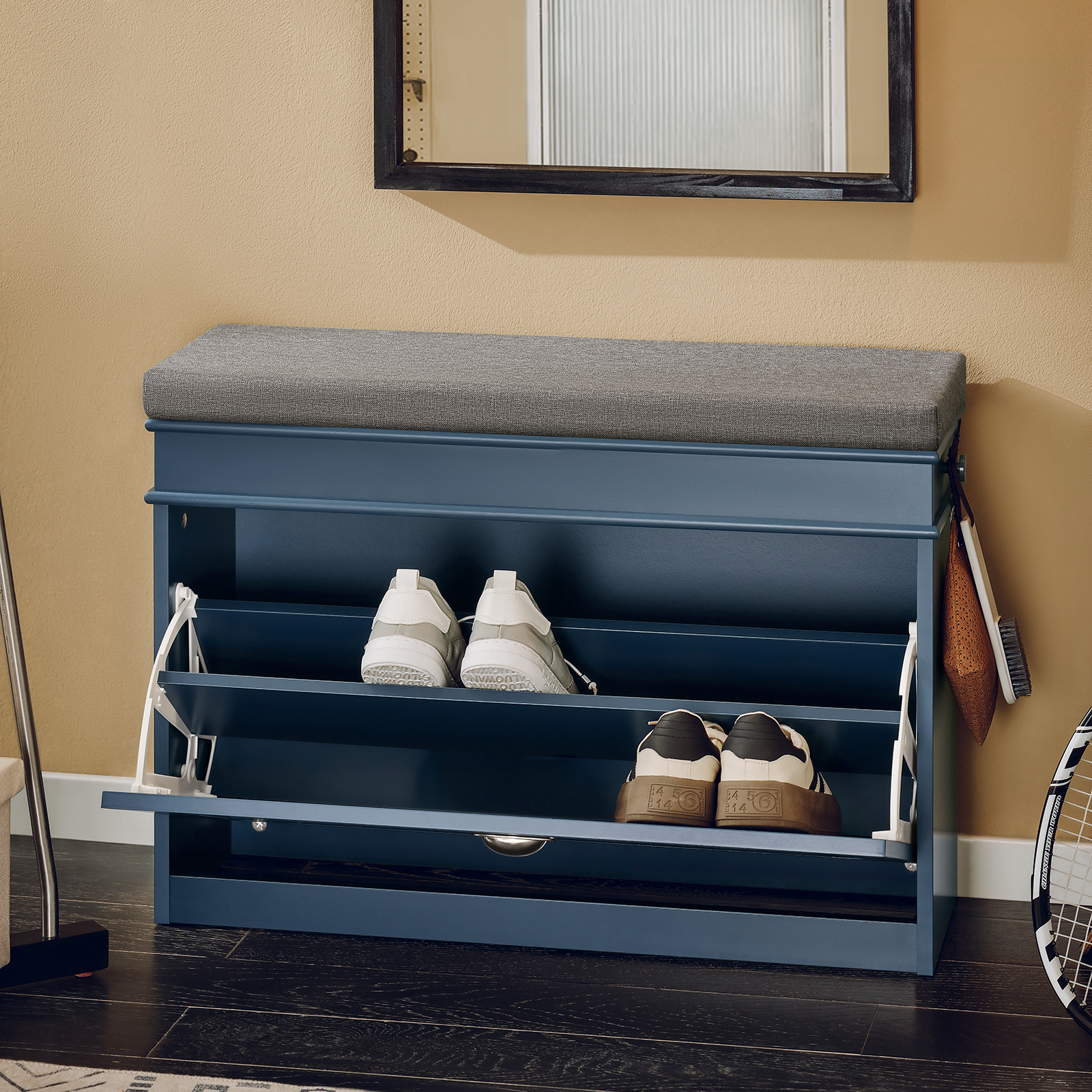 SoBuy Shoe Cabinet Hallway Shoe Bench Shoe Rack Shoe Cabinet with Flip-Drawer and Seat Cushion FSR82-L-B